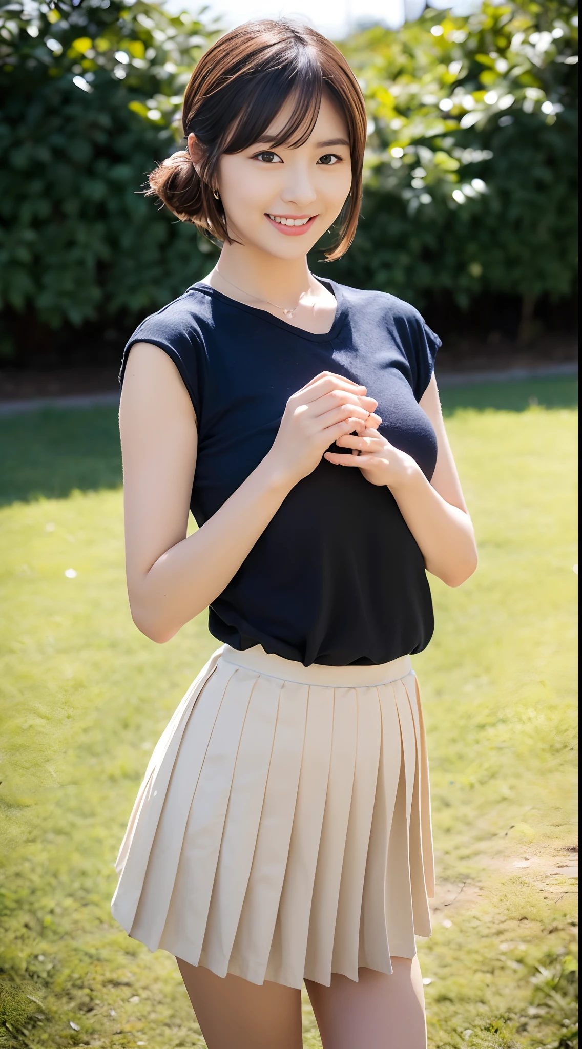 (natural lighting, naked, nude, small breasts, realistic nipples, election of nipples:1.3), (charcoal gray tight skirt, midi skirt:1.3), 8k, RAW photo, best quality, masterpiece, realistic, photo-realistic, clear, beautiful face, no makeup, best quality, ultra high res, BREAK, Japanese cute girl, 14 years old, (short cut hair:1.2), smile, BREAK, standing, BREAK, (office:1.3), (black eyes, black hair:1.2), (full body, looking back:1.2)