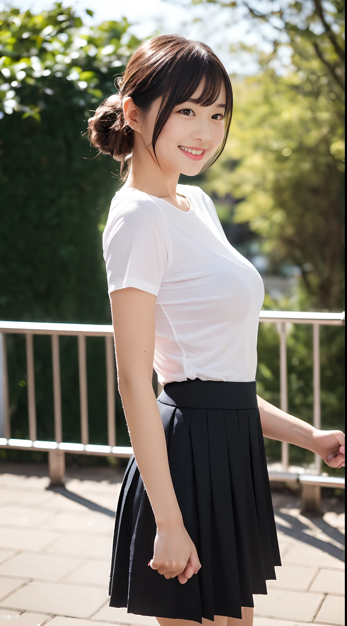Top image quality、8K、masterpiece、((Photorealsitic))、On the stairs in the city、Young Japan woman standing on stairs、(A detailed face)、(evil smile:1.4)、Inside the city、Looking at the camera、Looking back at me、Sticking out the buttocks、Small and shapely beautiful butt、Beautiful round buttocks、(In shiny shirts and skirts、Black stockings)(Grey knee-length pleated skirt)(Sheen sheer skirt)(You can see a little bit of the shape of the buttocks from the top of the clothes)、Slender beautiful legs、Point your butt at the camera、Focus on the buttocks