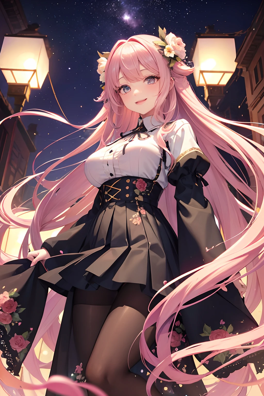 infp young woman、Long sleeve shirt with floral pattern、long pleated skirts、Floral hair ornament、Mellow eyes、Floating hair、Anime Art Style、Looking at the viewer、huge smile、Full body、Leaning against the wall、Background of the passage、Stockings、Light lace decoration、Rainbow Gradient Hair Color、Colossal tits、