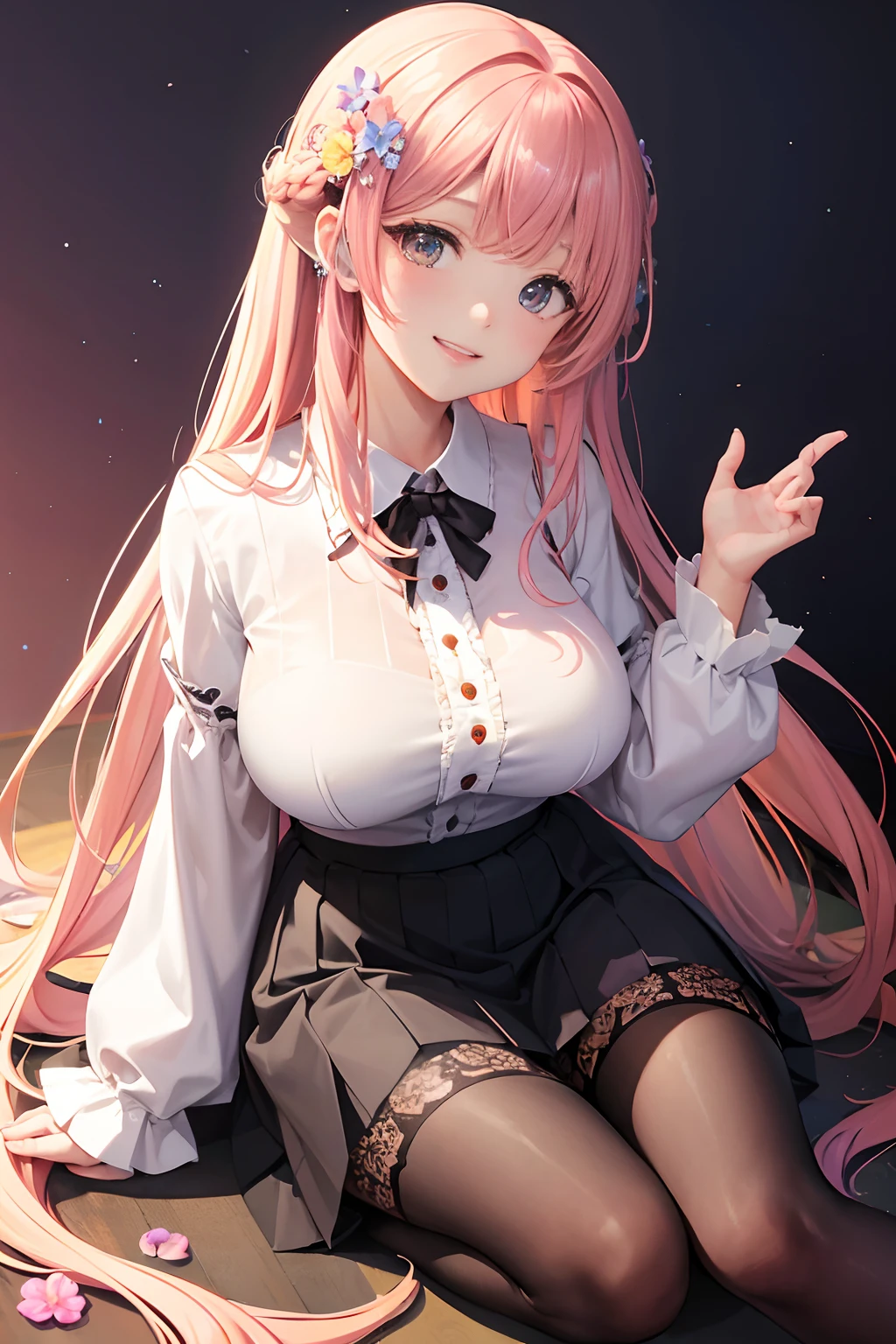 infp young woman、Long sleeve shirt with floral pattern、long pleated skirts、Floral hair ornament、Mellow eyes、Floating hair、Anime Art Style、Looking at the viewer、huge smile、Full body、Leaning against the wall、Background of the passage、Stockings、Light lace decoration、Rainbow Gradient Hair Color、Colossal tits、