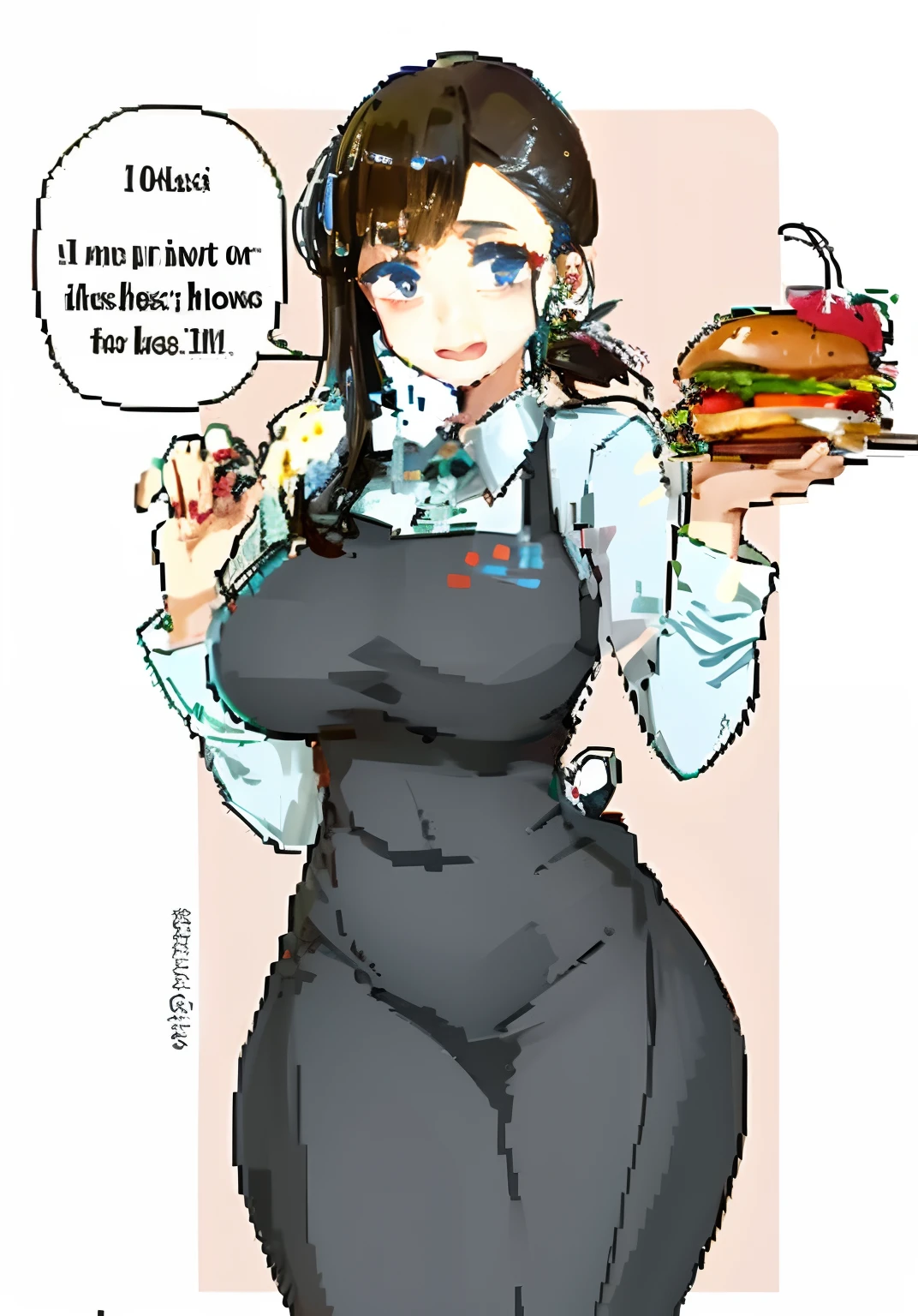 (masterpiece, best quality, highres, detailed, realistic:1.2), young japanese woman, maid, taking orders, (gigantic breasts:1.8), (bursting breasts:1.4), (detailed face, beautiful face), (annoyed expression:1.2), maid outfit, blushing, annoyed, skinny, crowded maid cafe, fringe, customers staring