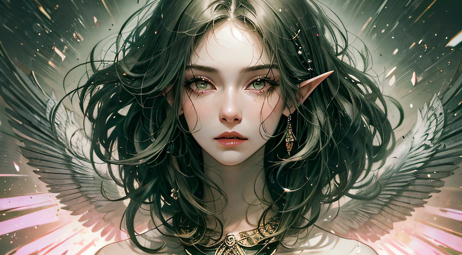 retrato de corpo inteiro, Elfo da Floresta, cabelos verdes, corpo pequeno, Brilho de Raio, Optical, Panoramic lighting, atmosphric perspective, Amanhecer, antialiasing: 5D, pintura de luz, Cor, beautiful face, clear facial features, symmetrical transparent wings, detalhes impressionantes