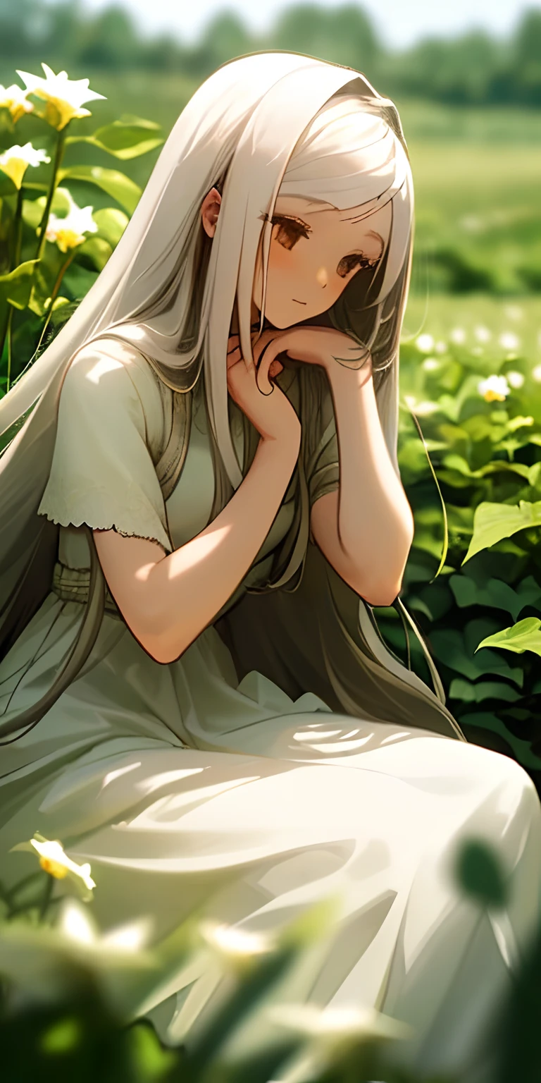 (masterpiece, best quality),1girl with long white hair sitting in a field of green plants and flowers, her hand under her chin, warm lighting, white dress, blurry foreground
