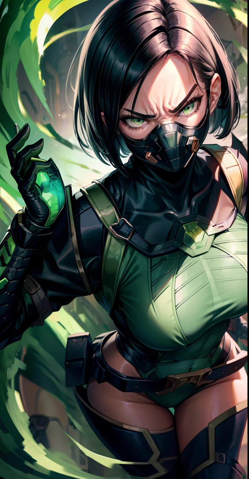 Masterpiece, Best quality,Look at the woman from the soles of her feet ，《Fearless viper》, in a bikini, mitts, belt, thigh boots, respirator, view the viewer, face, Portrait, Close-up, Glowing eyes, green smoke, Black background,huge tit，Raised chest，Bare-bodied，Close-up of the lower body，angry look，Devil figure，Staring angrily at the screen，Facing the screen