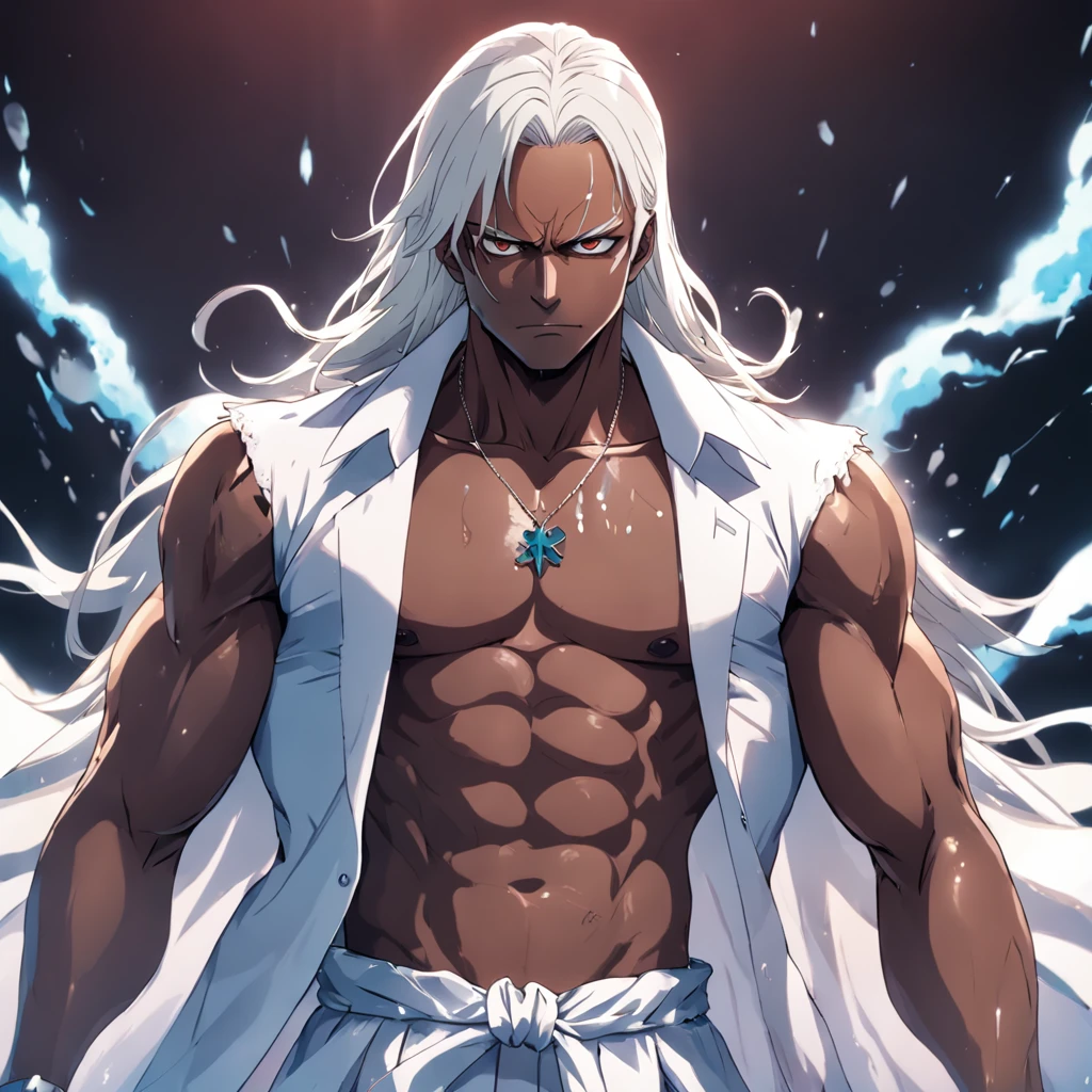 Tall man, dark skin, muscular body with scars, long white hair, wearing an admiral's outfit like in One Piece, wearing a white suit, silver chain around his neck, 2D, arte semelhante do anime (one piece),anime 4k, contorno perfeiro