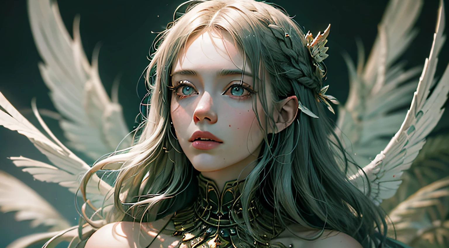 retrato de corpo inteiro, Elfo da Floresta, cabelos verdes, corpo pequeno, Brilho de Raio, Optical, Panoramic lighting, atmosphric perspective, Amanhecer, antialiasing: 5D, pintura de luz, Cor, beautiful face, clear facial features, symmetrical transparent wings, detalhes impressionantes