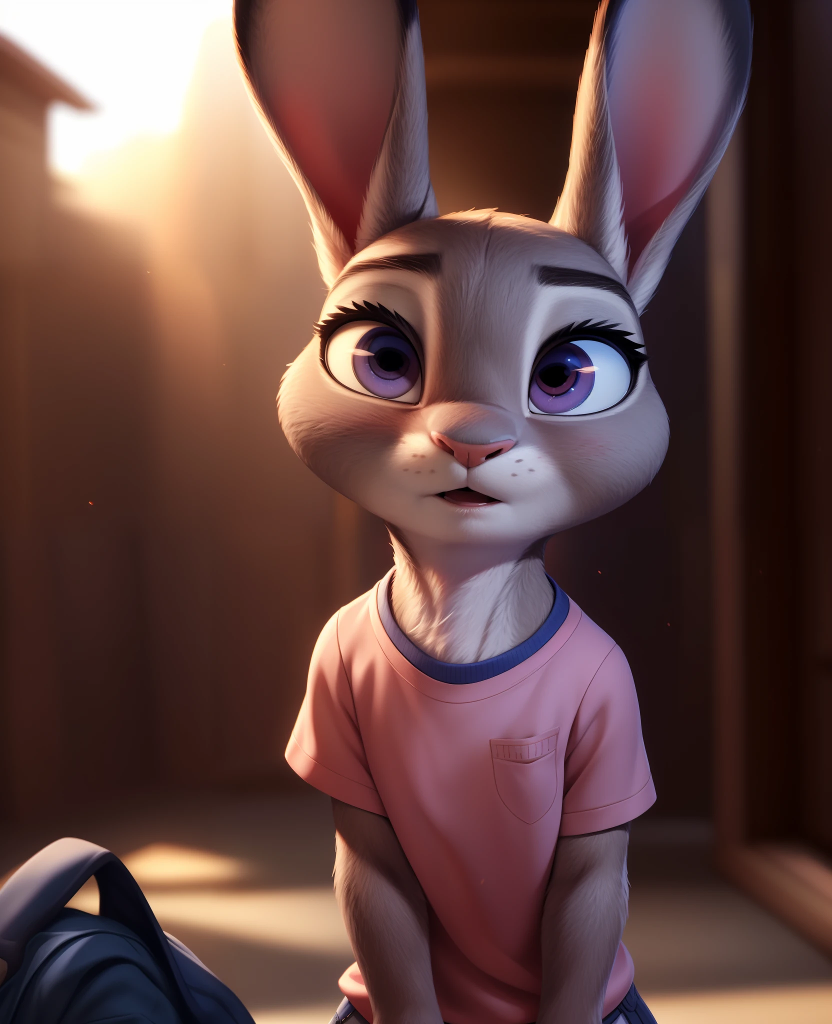 (uploaded on e621,8k, RAW photo,high resolution,high quality), ((masterpiece)), female, ((slim judy hopps)), (wear shirt and bottomless), (front view), (tail) (cinematic lighting), backlighting, (shaded), detailed background, by dagasi, (by personalami), [by Ruan Jia],, photorealistic, hyperrealistic,