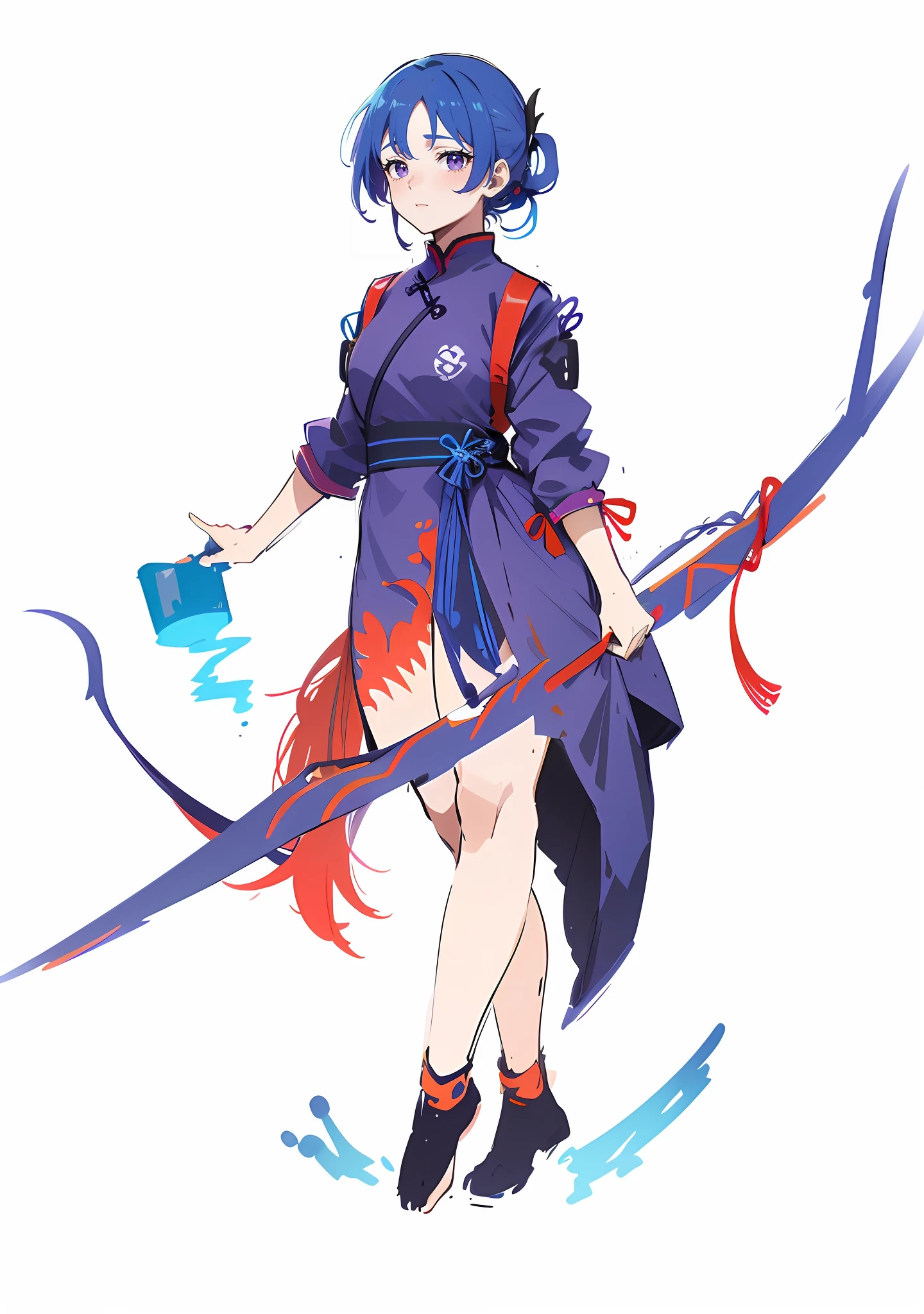 Blue-haired girl with long hair in a ponytail，Wearing a cheongsam with a purple body and a red tail，Longbow in hand，Use water element attacks