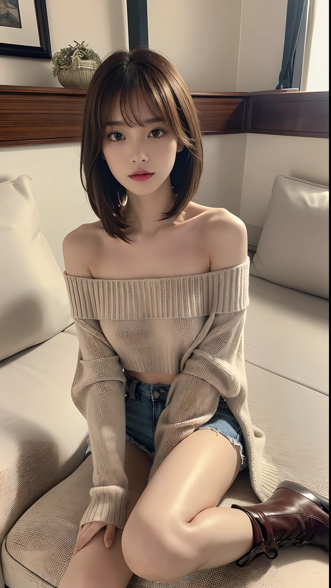 ((Best quality, 8k, Masterpiece: 1.3)), Contour: 1.2, Perfect body beauty: 1.4, Butt: 1.2, ((Layered haircut, Round chest: 1.5) ), 1girl, (hotel bed: 1.3), big breast, highly detailed face and skin texture, Beautiful eyes, Double eyelids, White skin, Long hair ,Ultra HD,8K, Moonlight night、one room、The view of the city can be seen from the window、high key lighting、studio lighting、face lamp、(Viewed from the front)、photon mapping、radio city、(Full body female love)、(Completely naked)、dark brown hair、Detailed faces、Detailed lips、Detailed eyeore skins、double eyelids、(huge :1.4)、(off shoulder sweater)、A necklace、(camel toe)、Perfect body、shiny skin、((off shoulder sweater lift:1.5))、Make eye contact with the camera,see through clothes, eyes looking up, sticking tongue out, mouth wide open