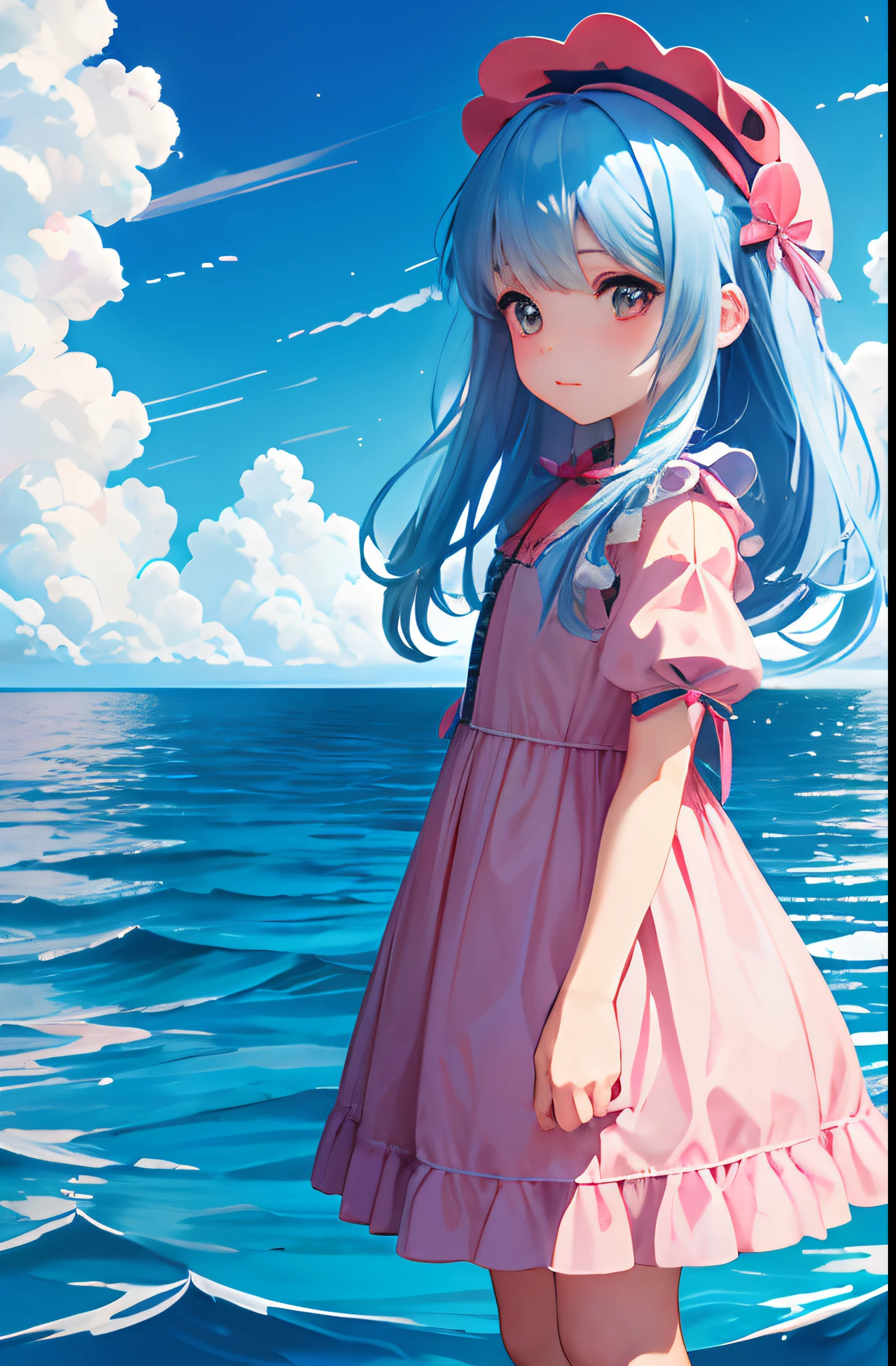 (A dressed in blue seawater-like clothes
There is pink and blue hair in between
Background like clouds
There is a mechanical sky of blood moons)