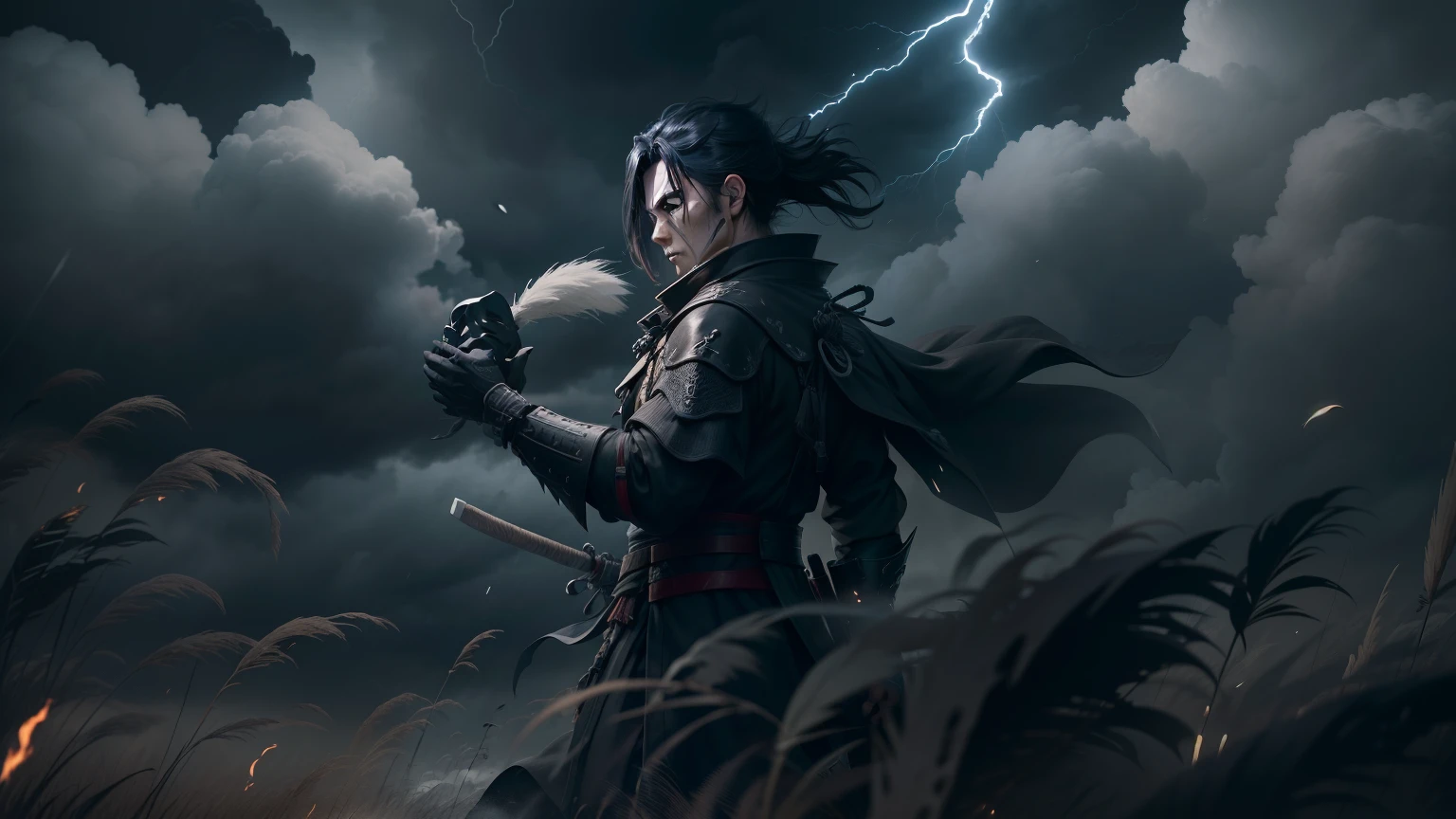 Ghost of Tsushima character, long shot, half body, Jin Sakai, he is dressed all in inky black gazing the gruesome face mask he is holding in his hand, stark imagery, glaring white an black storm clouds sky, in a field of brilliant white pampas grass on a stormy windy fall day, 64k resolution hyperdetailed photorealistic