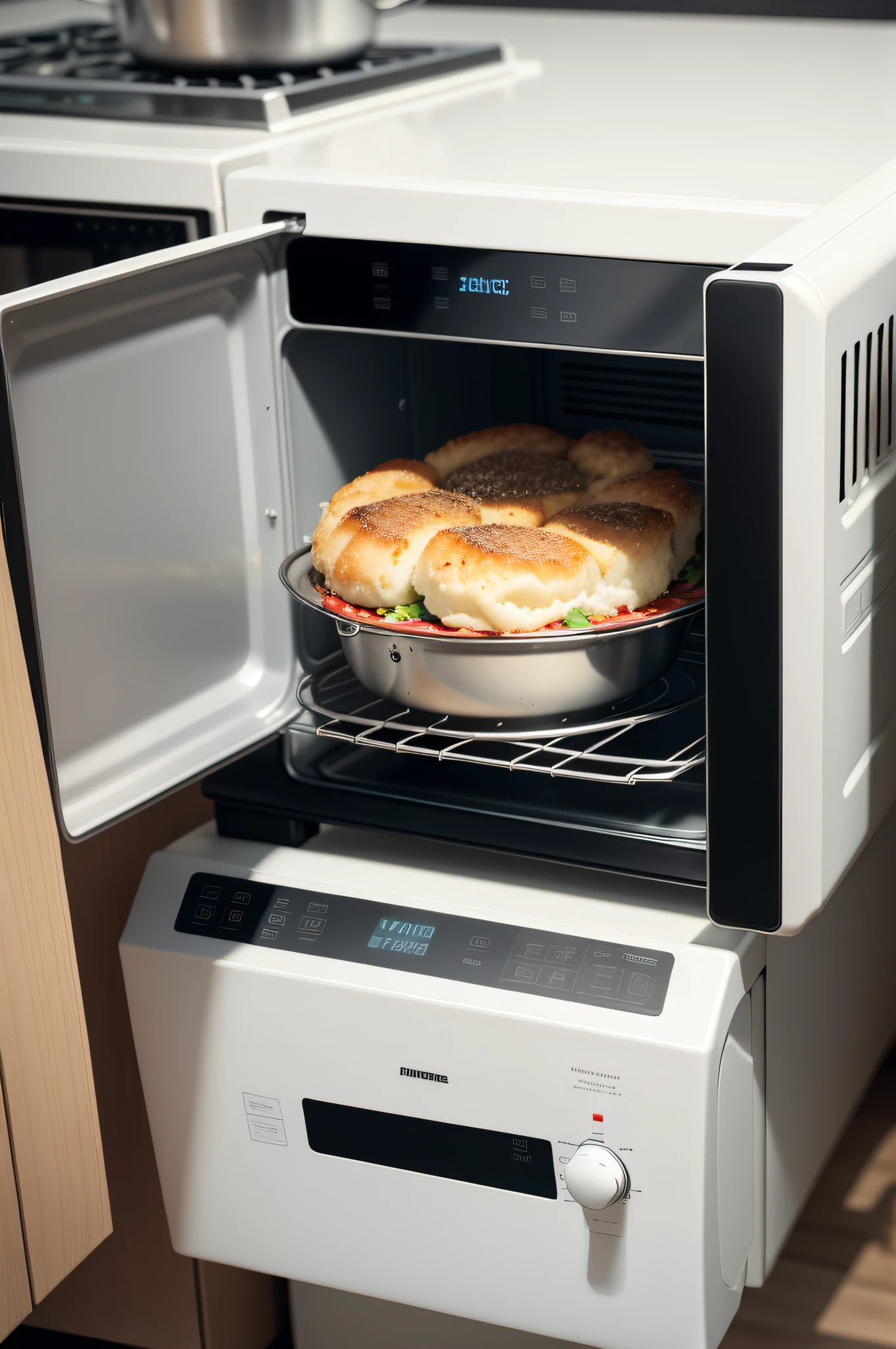 Close-up of a modern microwave oven，There was a plate of steaming food inside.