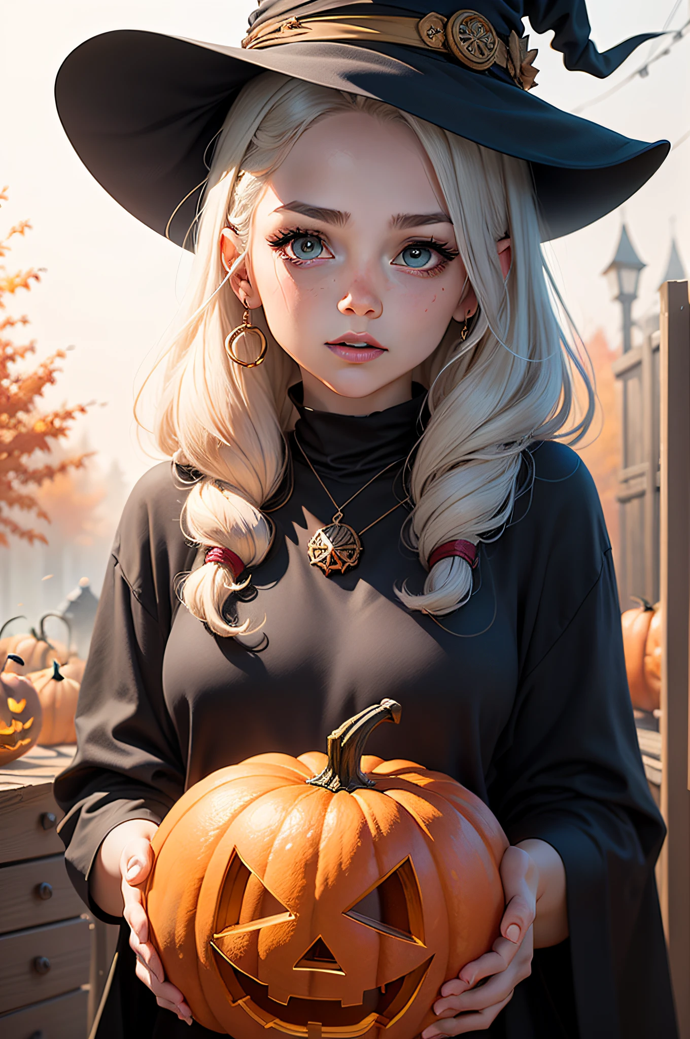 A charming girl as a Halloween witch's autumn icon pack, random facial expression, Random coloring, Cartoon style, 2D, planar vector, Character design, T-shirt design, Colorful splashes, vectorial art, Fantasy art, Watercolor effect,Digital painting, white bg, 8K