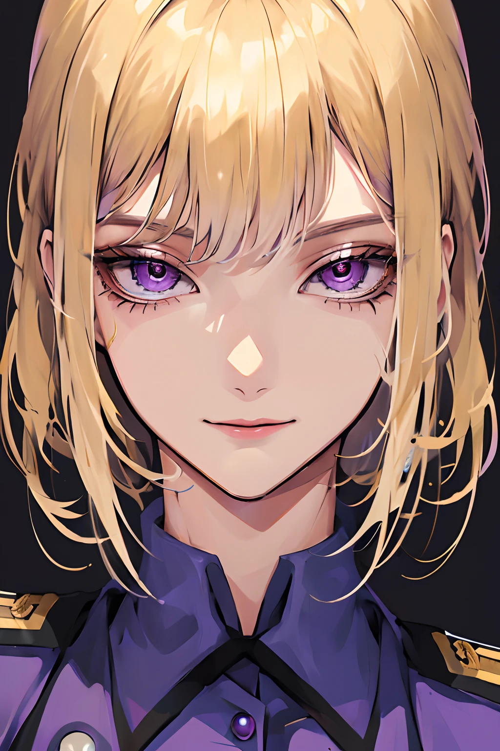 feather, Military uniform, top-quality, Super high quality eyes, A detailed eye, Best Quality, Illustration, A detailed face, best faces, Evil, 1girl in, a blond, short-hair, Intricate detail costumes, Purple eyes, Cold