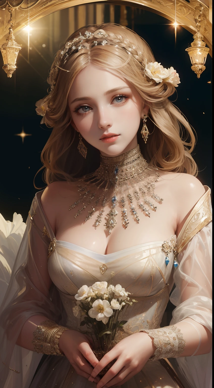 (Best quality,8K,A high resolution,Masterpiece:1.2),Ultra-detailed,(Realistic,Photorealistic,photo-realistic:1.37),Portrait,Creative style artwork,Historical,classical,Sophisticated,plethora of colors,Highly detailed,Soft lighting,luxurious environment,Delicate fairy flowing dress,Vibrant flowers,detailed jewellery,Ethereal atmosphere,Elegant Pose,Graceful curves,Gold body proportions,Flowing hair,Breathtaking textile patterns,Clear shiny purple eyes,Delicate floral decoration,A dazzling array of crystal diamond fittings,Mysterious and dreamy atmosphere,Impeccable attention to detail.