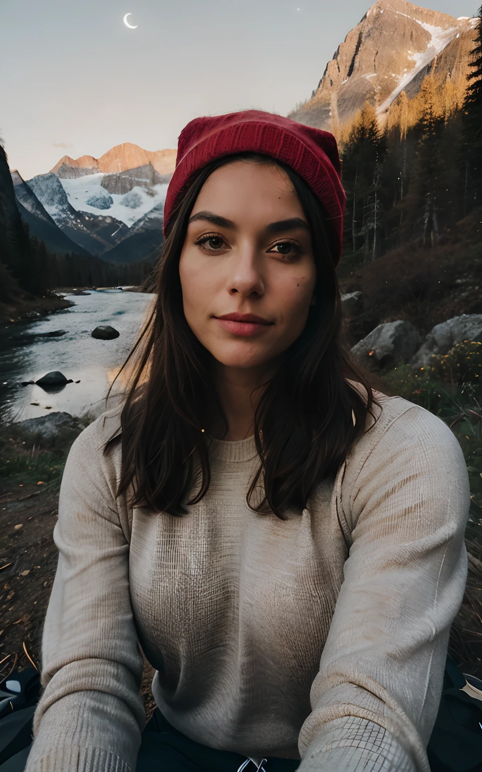 1 woman ((upper body selfie, happy)), masterpiece, best quality, ultra-detailed, solo, outdoors, (night), mountains, nature, (stars, moon) cheerful, happy, backpack, sleeping bag, camping stove, water bottle, mountain boots, gloves, sweater, hat, flashlight, forest, rocks, river, wood, smoke, shadows, contrast, clear sky, analog style (look at viewer:1.2) (skin texture) (film grain:1.3), (warm hue, warm tone:1.2), close up, cinematic light, sidelighting, ultra high res, best shadow, RAW, upper body, wearing pullover