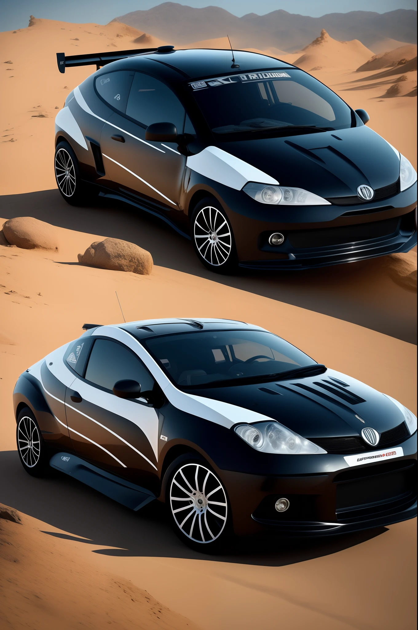 Imagem extremamente realista de alta qualidade 3d 8k, Celta Car 2005, with buoyancy capability, turbina no lugar das rodas para voar, de volta para o futuro, carro de cor preto, rodas aro 18 feito de prata polida brilhante, insufilme preto nos vidros, para choque personalizado, farol de xenon, fundo branco, front side and back side