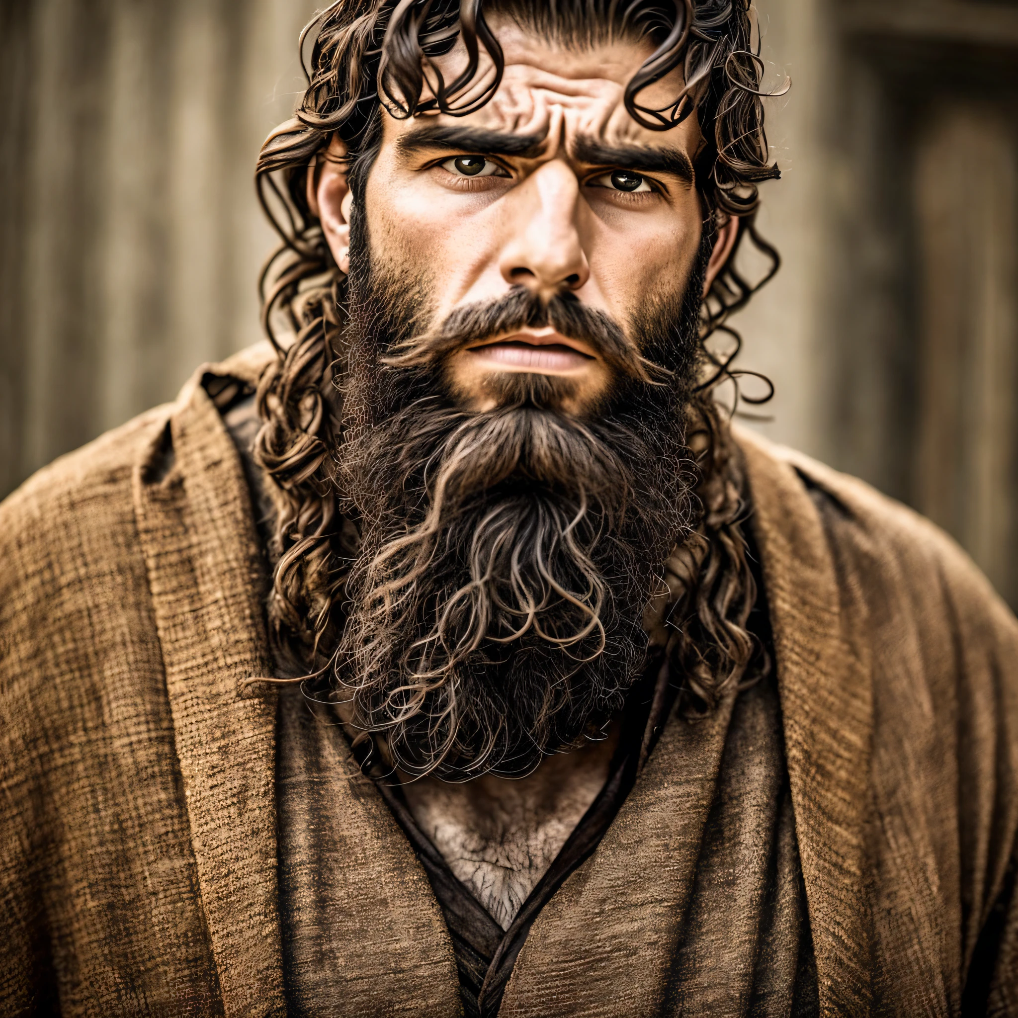 A man with a beard, sad, anguished, ugly, wider image, promotional image, biblical clothing, still from a live-action film, filmed film, Diego Fazio, Zachary Quinto, edited --auto --s2
