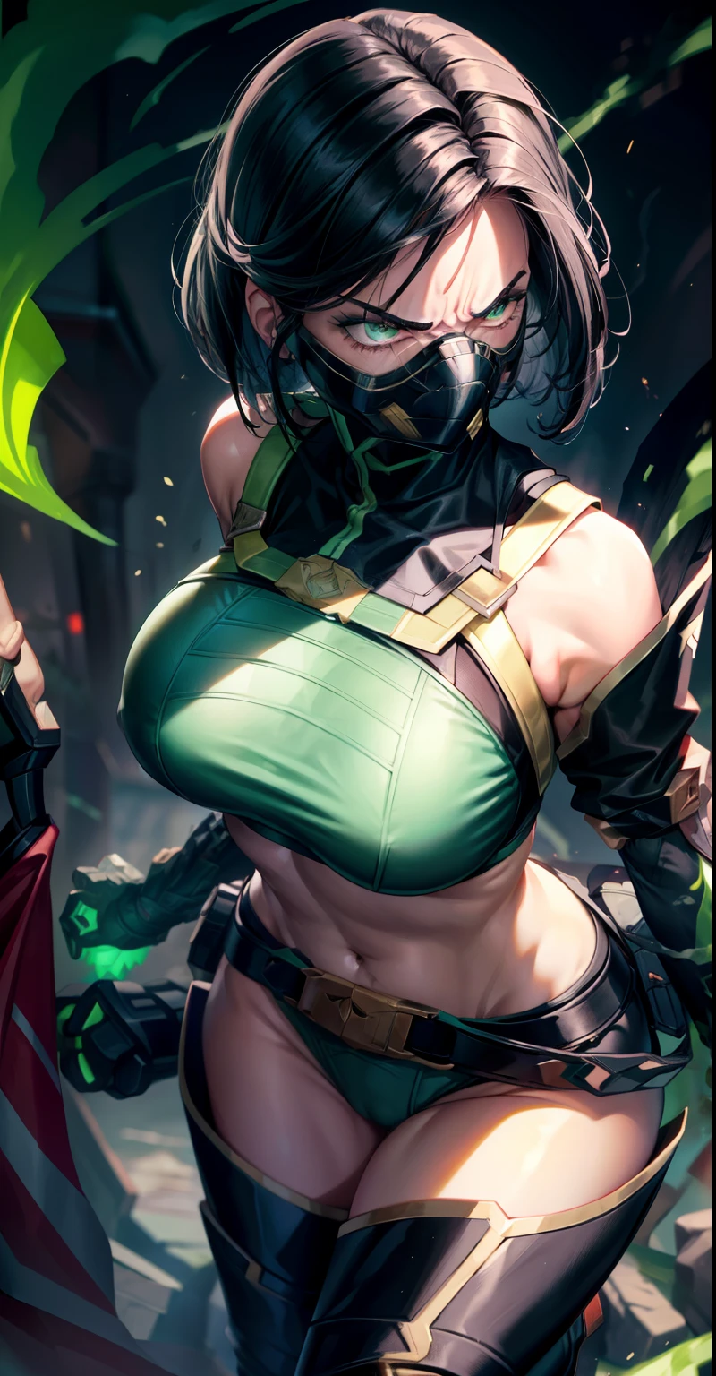 Masterpiece, Best quality,Look at the woman from the soles of her feet ,《Fearless viper》, in a bikini, mitts, belt, thigh boots, respirator, view the viewer, face, Portrait, Close-up, Glowing eyes, green smoke, Black background,huge tit,Raised chest,Bare-bodied,Close-up of the lower body,angry look,Devil figure,Staring angrily at the screen,Facing the screen