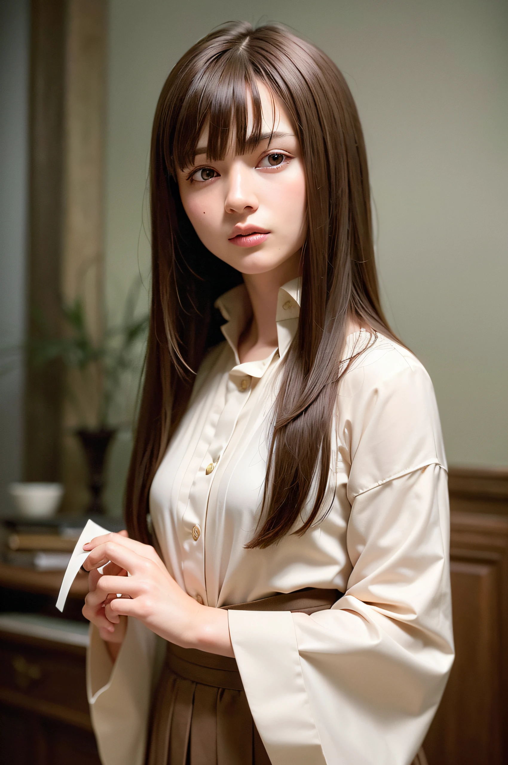masutepiece, Best Quality, japanaese girl, 8K, top-notch quality, masutepiece, nffsw:1.2, exceptionally detailed RAW color photo, professional-grade photograph, (Realistic, Photorealistic:1.37), (highly detailedskin:1.2), Ultra-high resolution, (lenz 50mm), (masutepiece, top-quality:1.3), (Ultra detailed 8K cg:1.2), (hyper realisitic:1.35), (Photorealistic:1.45), (Realistic:1.4), Cowboy Shot, 1 beautiful Japanese girl, 22 years old, super model, Japanese Idol, (masutepiece, Best Quality),(White panties:1.1).21 years old 1 girl, Sitting ,Spread legs, Cowboy Shot, From below, Break Girl, dark brown hair, Medium Hair, Shiny hair, dark yellow eyes, embarrassed, blush, School uniform, White shirt, Blue Check Skirt, (Closed eyes:0.9), (Tears:0.9), BREAK、Takushiage