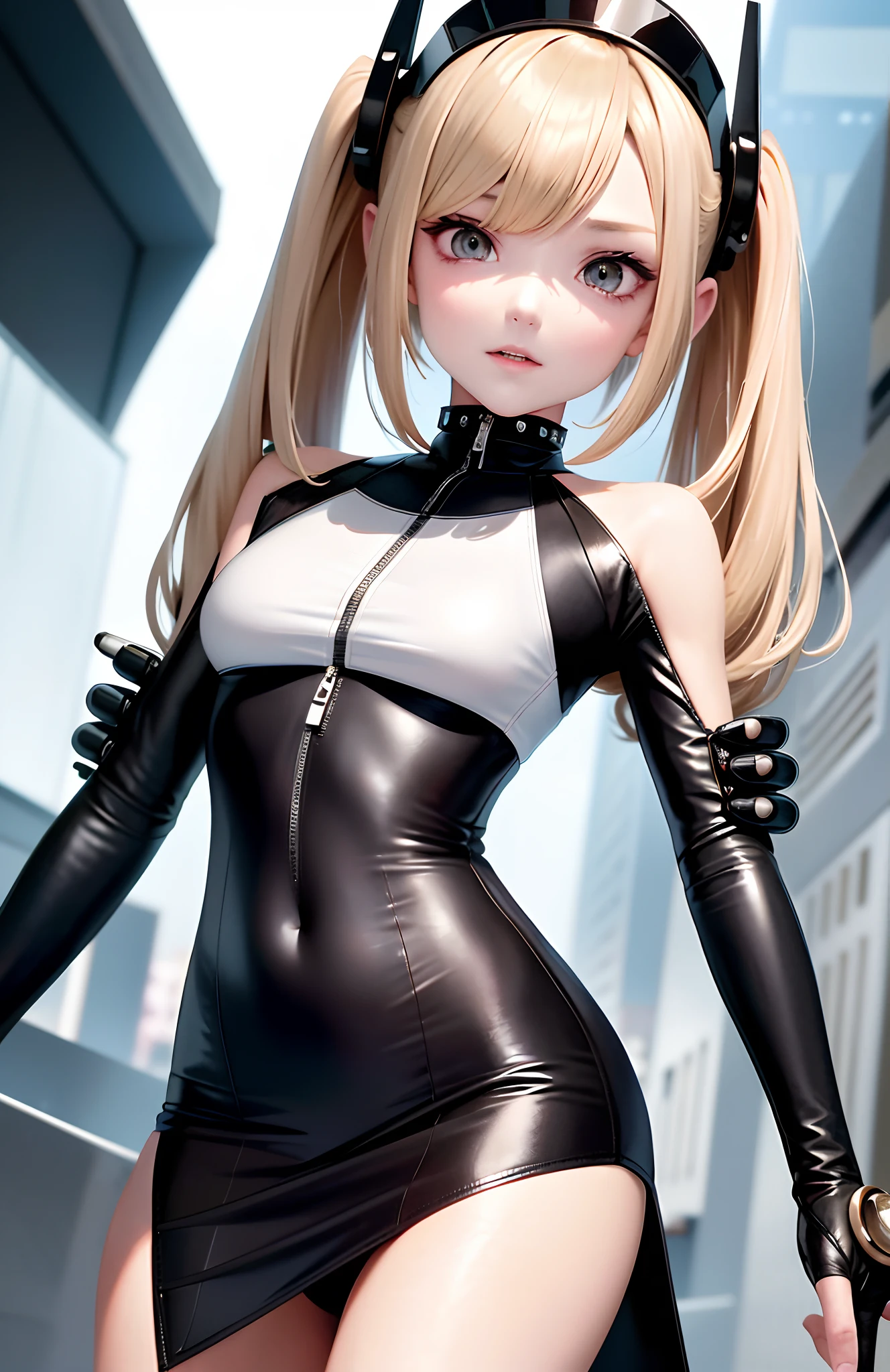 optimum,tmasterpiece,A high resolution,best qualtiy,hyper HD,super detailing,Award-Awarded,16k,独奏,((The upper part of the body)),((Bust)),anatomy correct,Beautiful cyberpunk girl,cute face,,Gradient Beige Hair,Hairline,((Dark golden eyes)),long eyelasher,Hanging eye corners,White skin of the,(small boobs),(Slim body),((Women's super short shawl leather jacket)),((racing_suit)),((High-Low_long skirt)),ear studs,(Neck strap),(Laser material clothing:1.2)