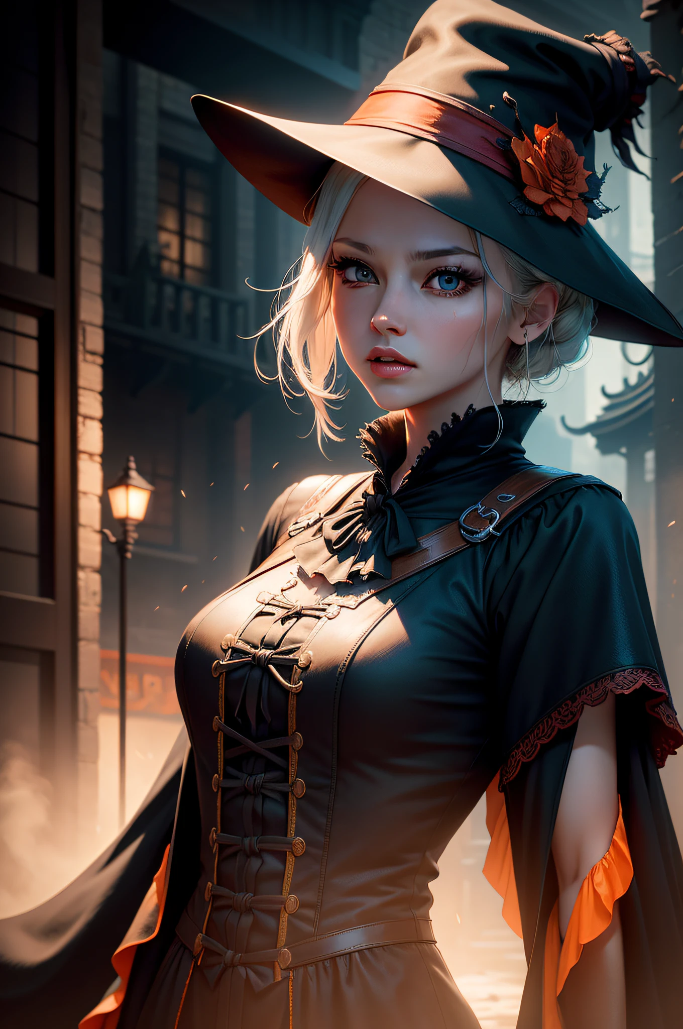 Silhouette of a hunter in the city of Yanan, Bloodborne, Glowing eyes, T-shirt design, dark magic splash, Gothic, Halloween, Burn orange gradient, magic, Nature, Clean background, Magic splash, 3D vector art, Fantasy art, Watercolor effect, Bokeh, Adobe illustrator, Hand-drawn, Digital painting, Soft lighting, Isometric style, retro aesthetic, 4K 分辨率, using Cinema 4D, Natural lighting, Cinematic, Masterpiece, Highly detailed, Intricate, Extreme texture, Horror, Terry Fassing, Creepy, Scary