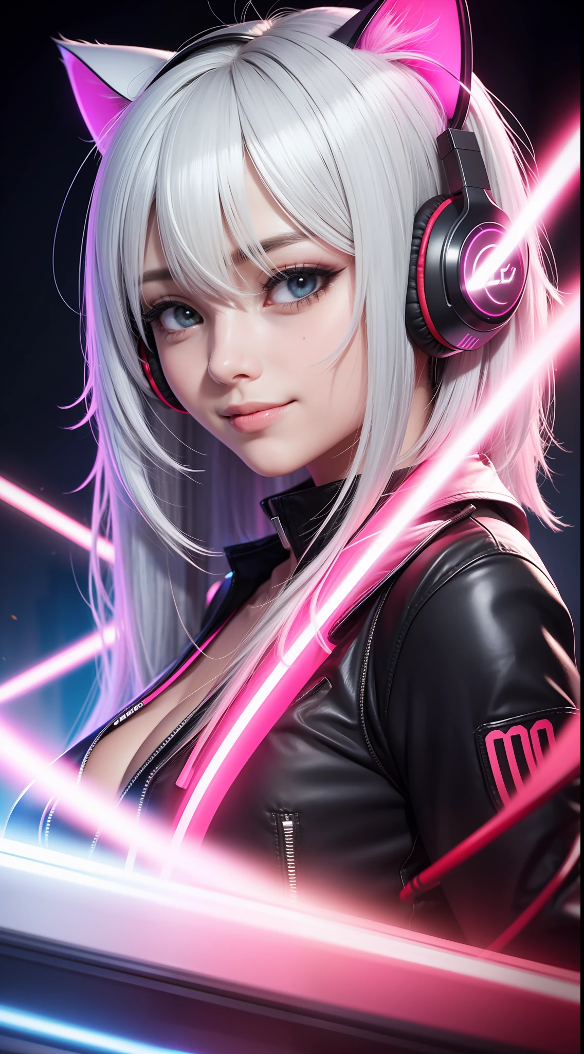 Silver hair, huge ahoge, Multicolored eyes, Cat ear headphones, Seductive smile, modern, OP Art, Vignetting, Red fluorescent lamp side lighting detail,Ray tracing, Glowing light, Eye level shots, From the outside, foot out of frame, hyper HD, Textured skin, High details, 1080p, Best quality