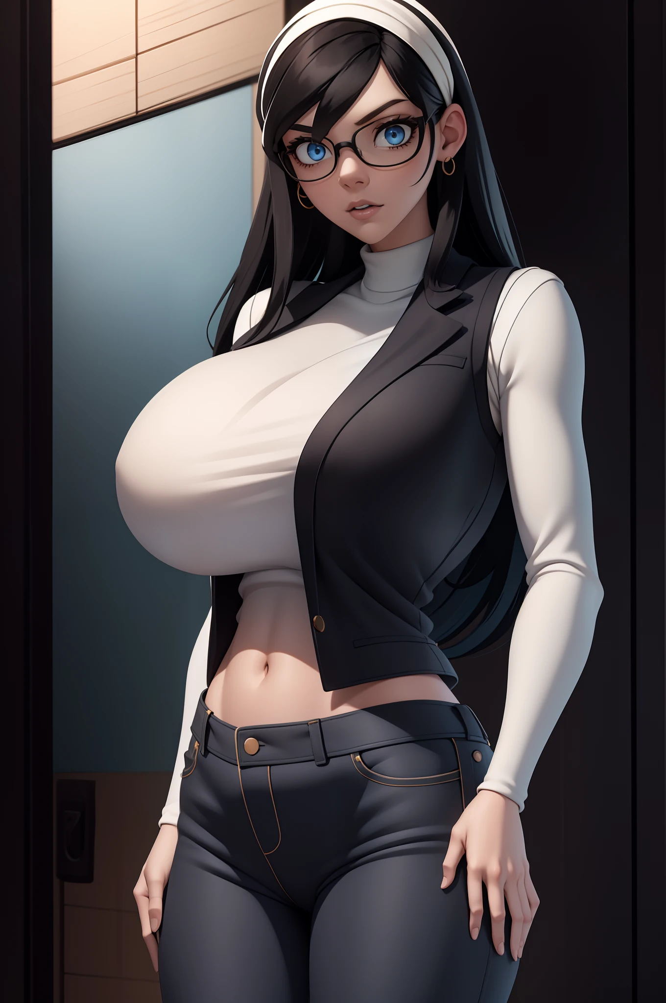 scientific vest, long hair hime cut, black hair, pale sking, blue eyes, ,big breast, pants, pullover, tilda