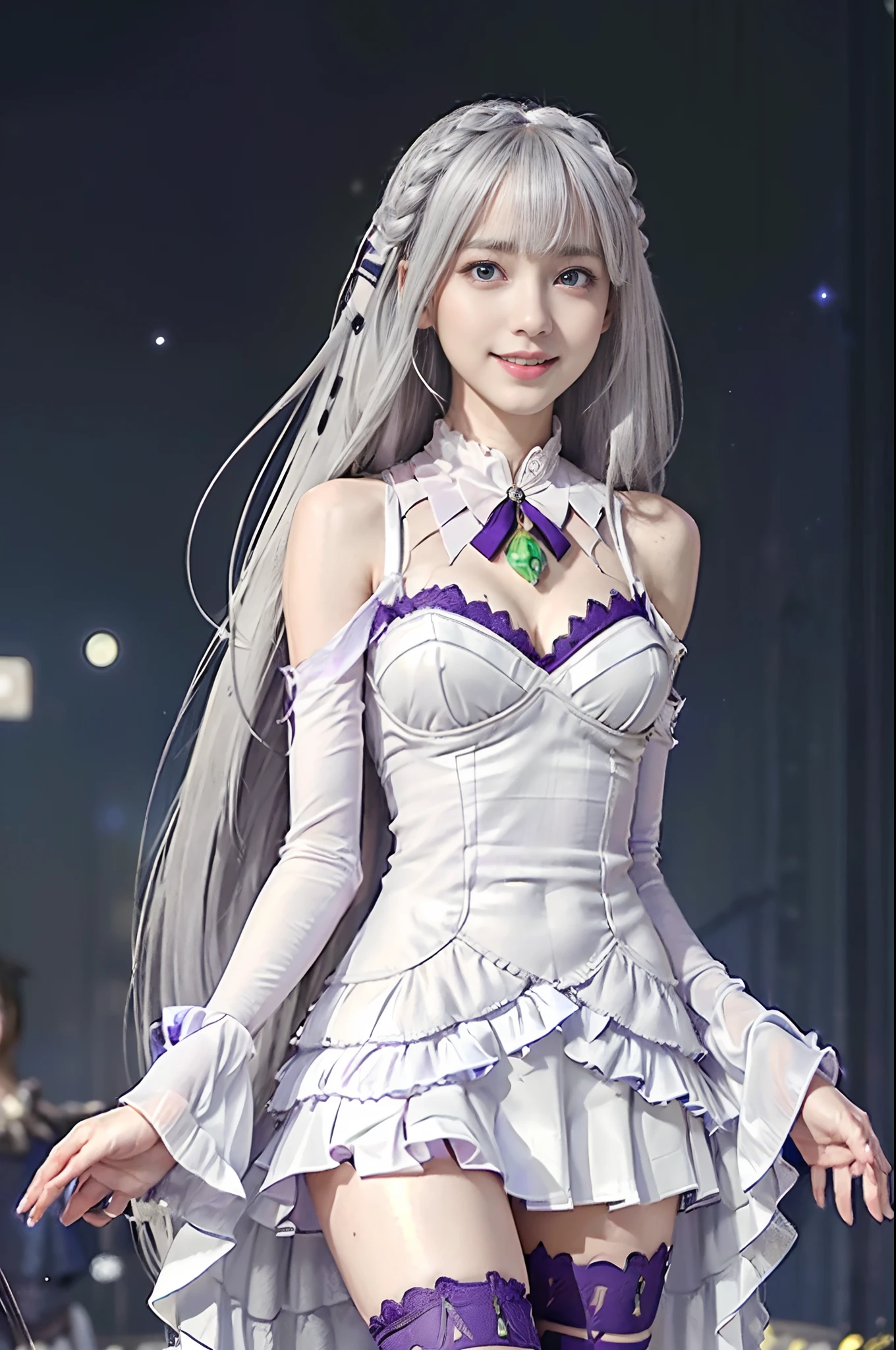 (Supervision CG, Unified 8K Wallpaper), (masutepiece), (Best Quality), (Super Detail), (Best Shadow), (Photorealistic:1.5), Realistic human skin, Lens Flare, Shade, Backlight, bloom, depth of fields, Natural light, Hard Focus, Film grain, Neat and pretty body shape, Slender waist, (Happy smile:1.3), Full body, (Very detailed eyes and face), large earring, (Very cute), (Big eyes), (thin legs), (Beautiful Detail Face), (Beautiful detail eyes), (Japanese Idol:1.2), 21 years old, Gal, (Glowing silver hair:1.3), (Very long hair: 1.3) (Straight hair: 1.2),(Realistic background,Gorgeous live stage,plein air ,Starry Night,Large audience:1.5),Thin leg,big breasts thin waist,Thin thighs, Beautiful Detail Lip,symmetrical lips,alluring face,(tiny chest:1.5), (symmetrical lips:1.2), ( Cowboy Shot: 1.5), (One Woman, Solo,Sing with a microphone,Black Ribbon Tie、Light purple and white dress、Re:Emilia Costume of Zero,Sing with a microphone:1.5), (Red, Blue, Purple, pink there, verdant, Black, blanche, orange, Blue eyes), (Beautiful detailed oval face,a small face:1.3), (Beautiful detailed big eyes), (masutepiece: 1.4, Highest Quality), (masutepiece, Highest Quality), (photographrealistic: 1.4), Perfect Anatomy, Correct anatomy, Perfect proportions, Perfect face, Perfect hands, Perfect legs, Perfect fingers, Perfect hands, Perfect Abs, (Natural makeup: 1.2), sluggish,,
