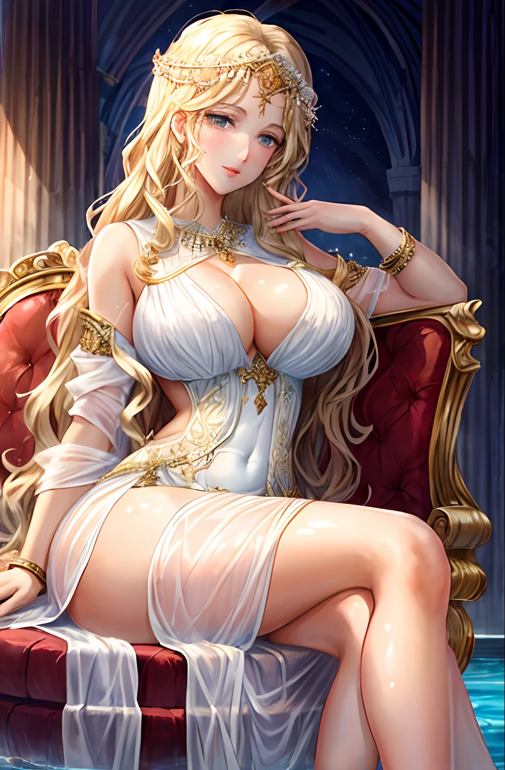 Greek goddess, goddess, beautiful face, perfect body proportions, transparent silk dress, cleavage, large breasts, heavy breasts, masterpiece, piece of artwork, beautiful detail, sitting above her heavenly chair with water below her, wet dress, thin white silk dress, long blonde wavy hair, gorgeous monarch, adult, milf, 1woman, sitting with her leg open, no underwear