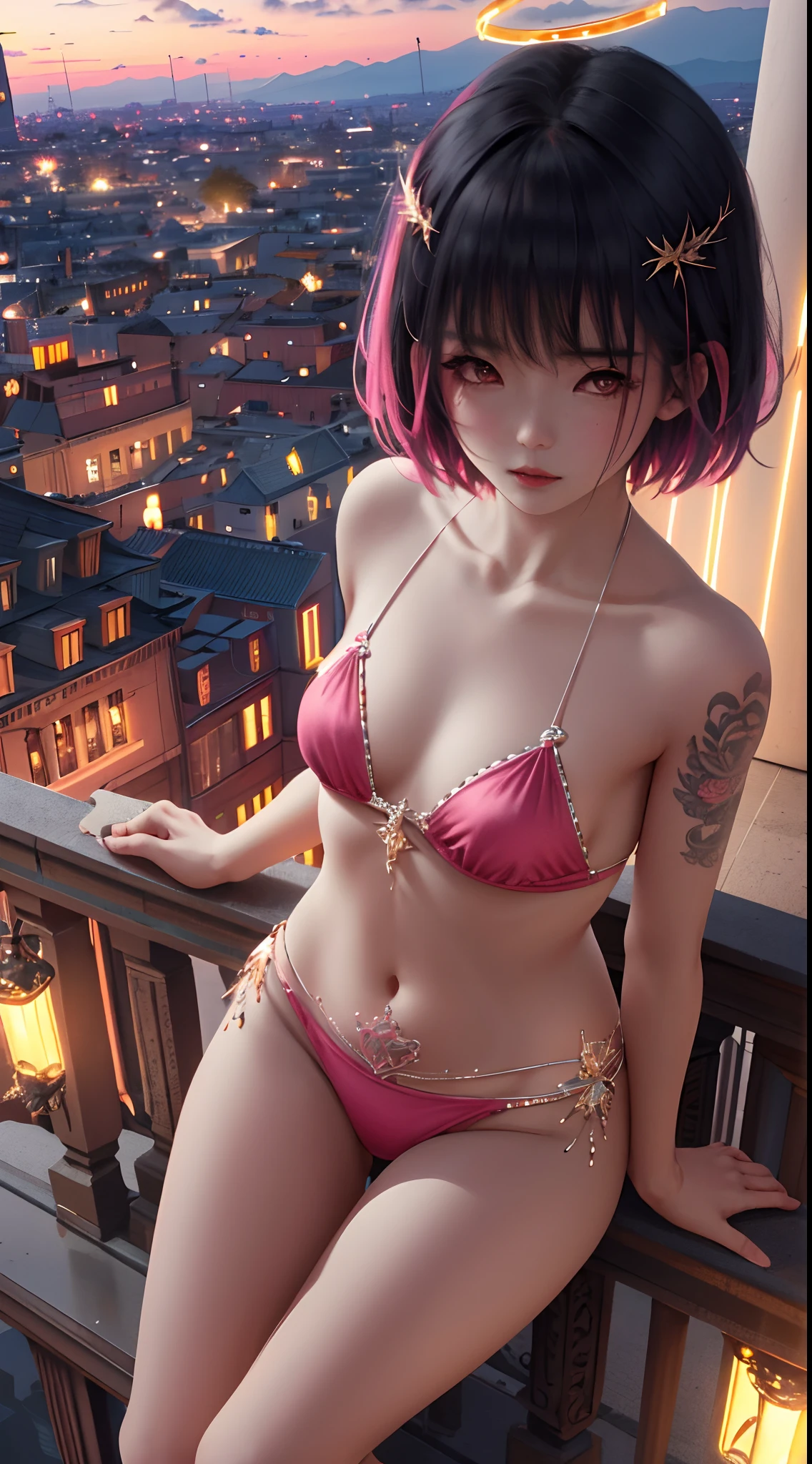 Raised sexy,cute female child,high high quality,tmasterpiece,short detailed hair,Pink atmosphere,Tulle bikini swimsuit,Girl with tattoos,high-definition picture quality,largeeyes,Night view from the rooftop,Shy face,Deities, goddes, light particules, Halo,