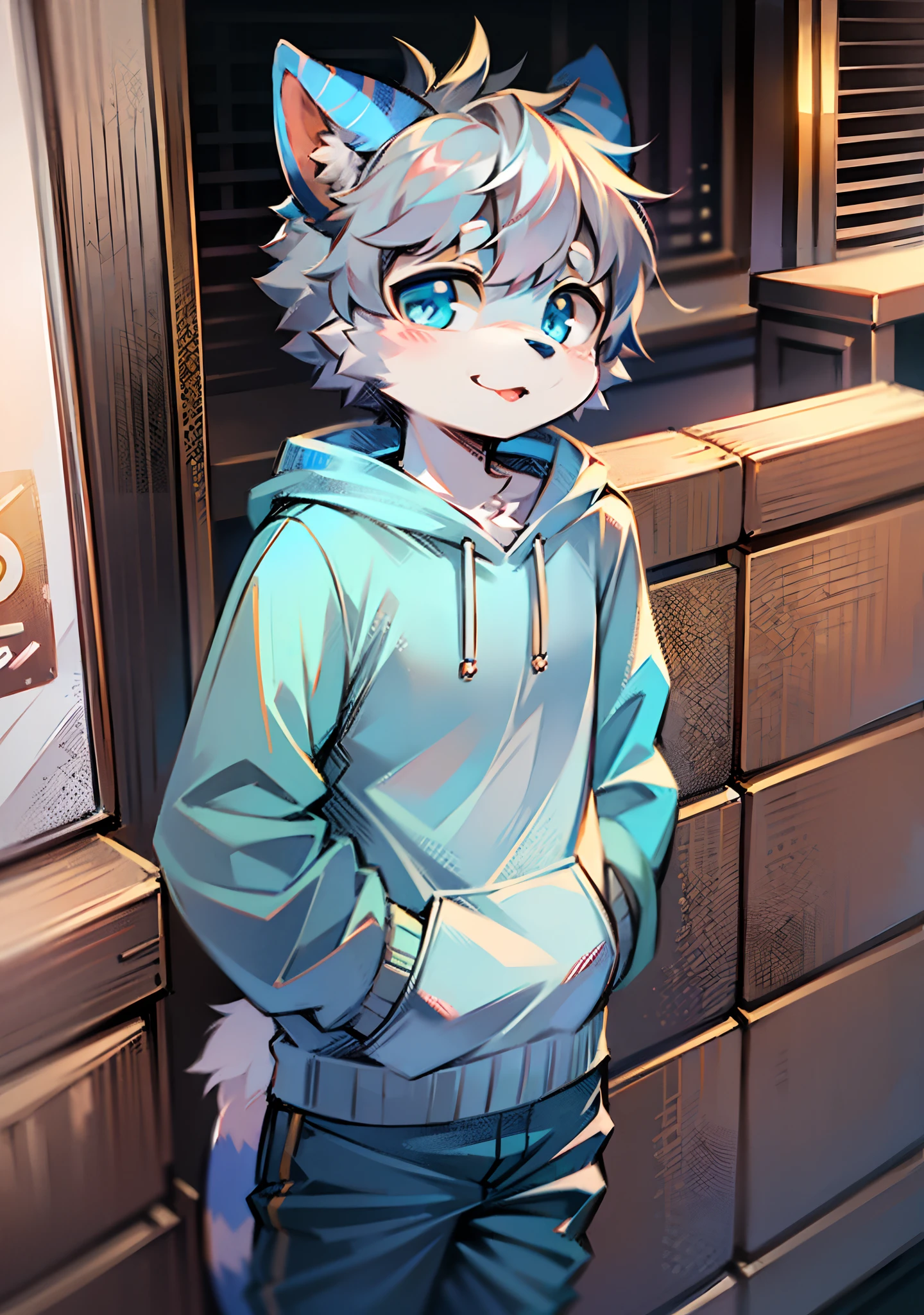 Furry，Furry cat boy，（Dark gray hair），（dark grey skin），Green eyes，Standing on a white blanket on the grass，（Wear short white socks），（Pee your pants），（（Urine flow）），（pee stain），Urine pits，wet pants，Light blue pajamas，the night，solo person，high high quality (NSFW)