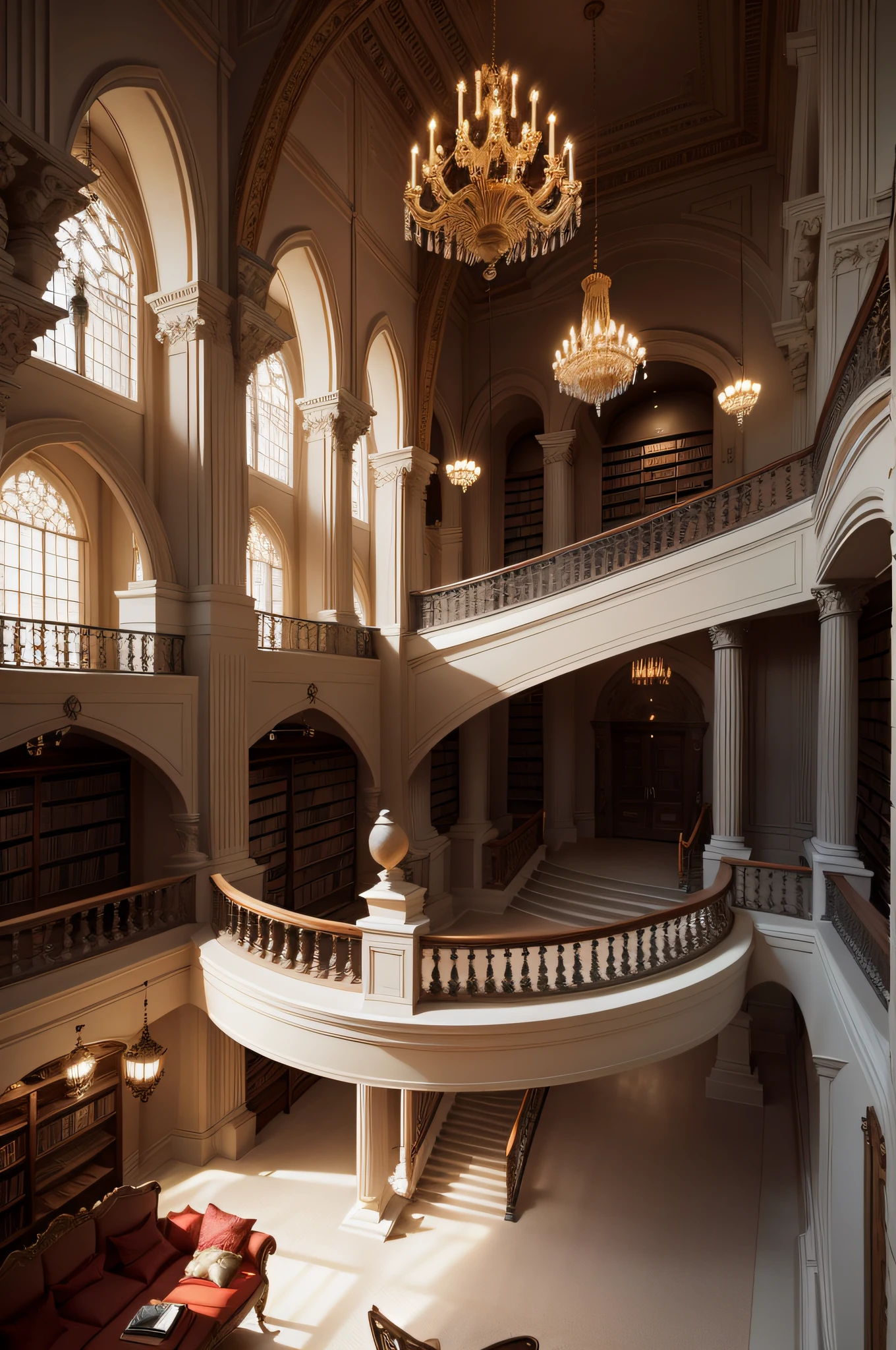 Building of brick and wood circular concrete columns, library corridor staircase, balcony with chandelier