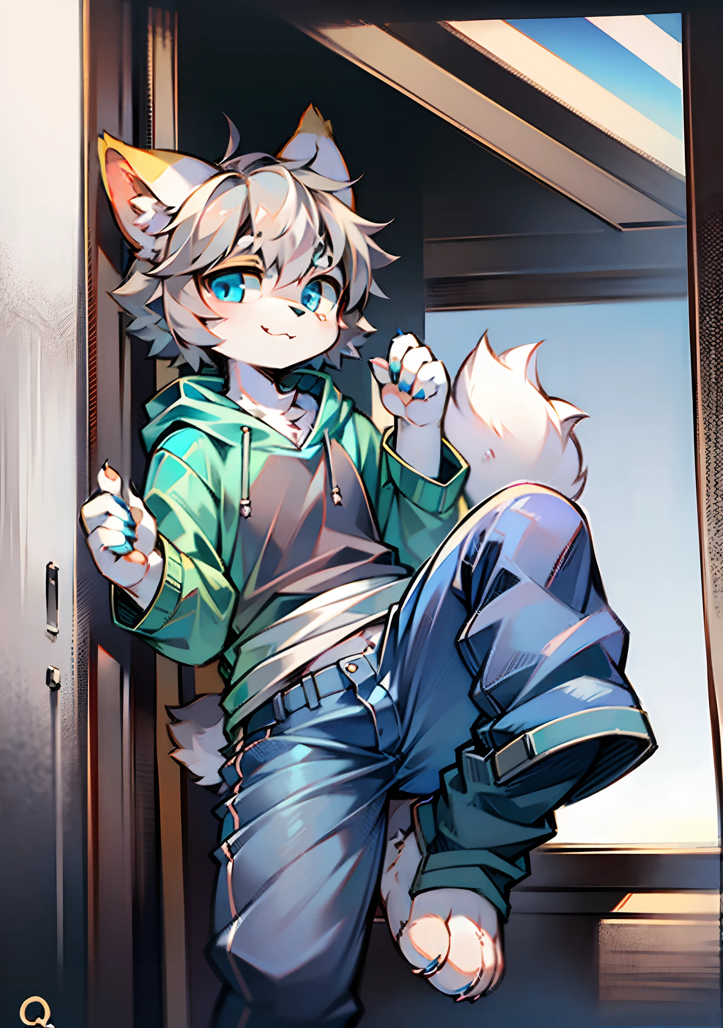 Bright eyes, character bust photo, Q version, cute, background image, character focus, solo, furry, furry male cat, male yellow-white fur, blue eyes, gray hair (long) loli style, little cute, will sell cute, wearing blue clothes and pants, has a tail