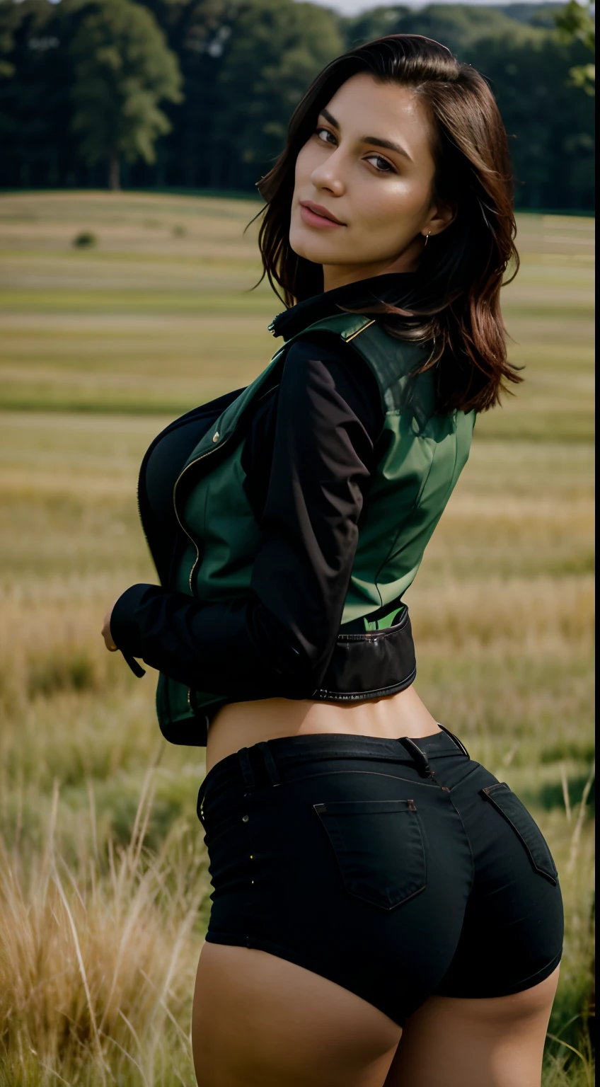 Endless green grasslands,24-year-old beauty,black black jacket,Low-cut vest,Cocked buttocks,Masterpiece face,Anatomically correct,Photo level,Realistic,full bodyesbian,looking to the camera,