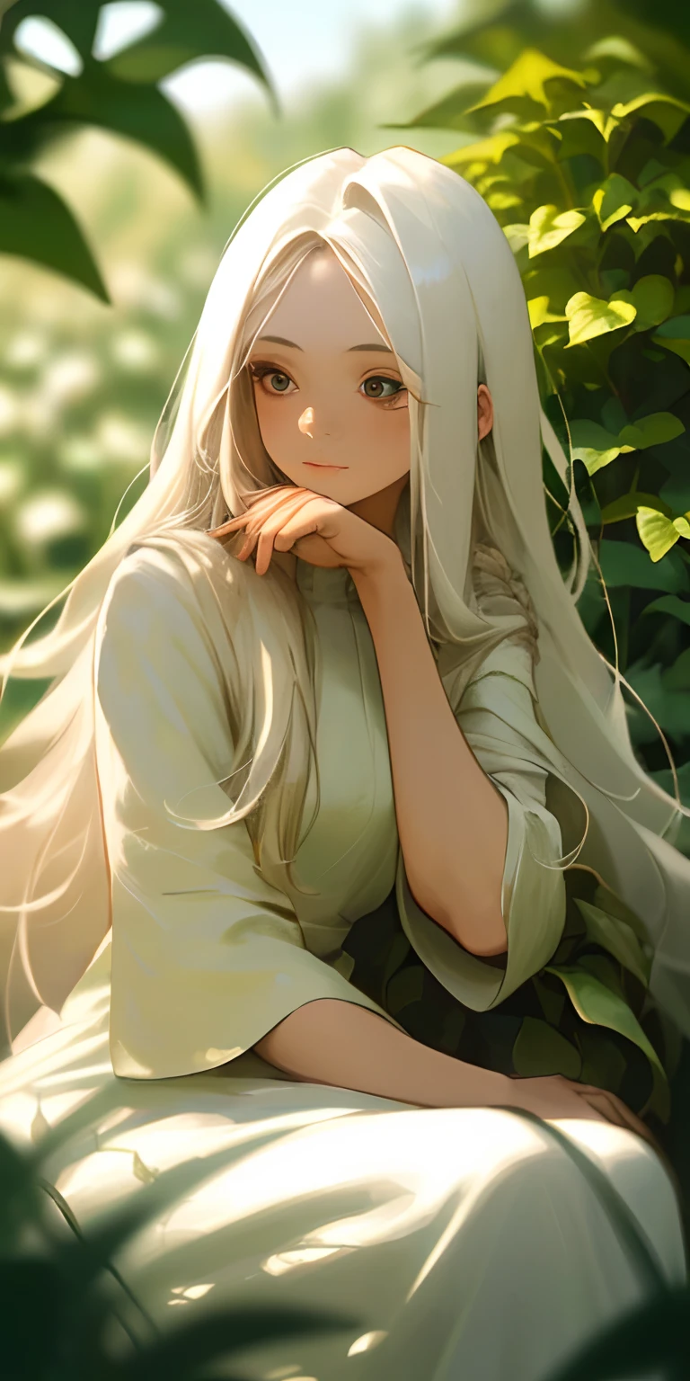 (masterpiece, best quality),1girl with long white hair sitting in a field of green plants and flowers, her hand under her chin, warm lighting, white dress, blurry foreground