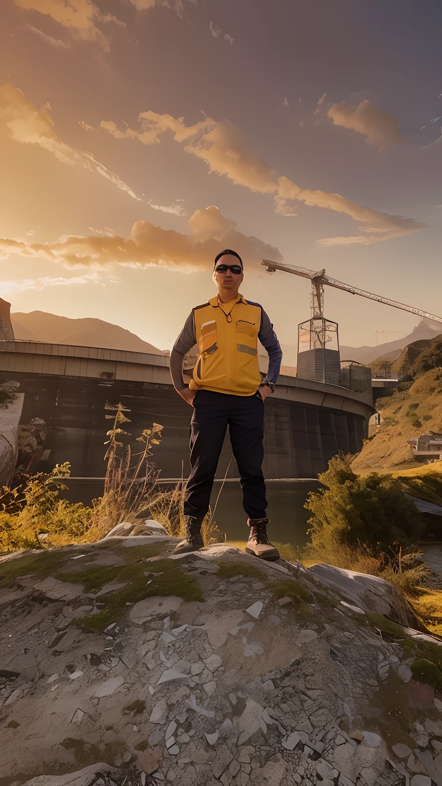 Civil engineer man wearing glasses standing on a rock in front of a dam, photo taken in 2 0 2 0, zeng fanzh, with mountains in the background, 2 0 2 2 photo, civil engineer, huifeng huang, the photo shows a large, standing next to water, extremly high quality, standing in front of a mountain, with mountains as background