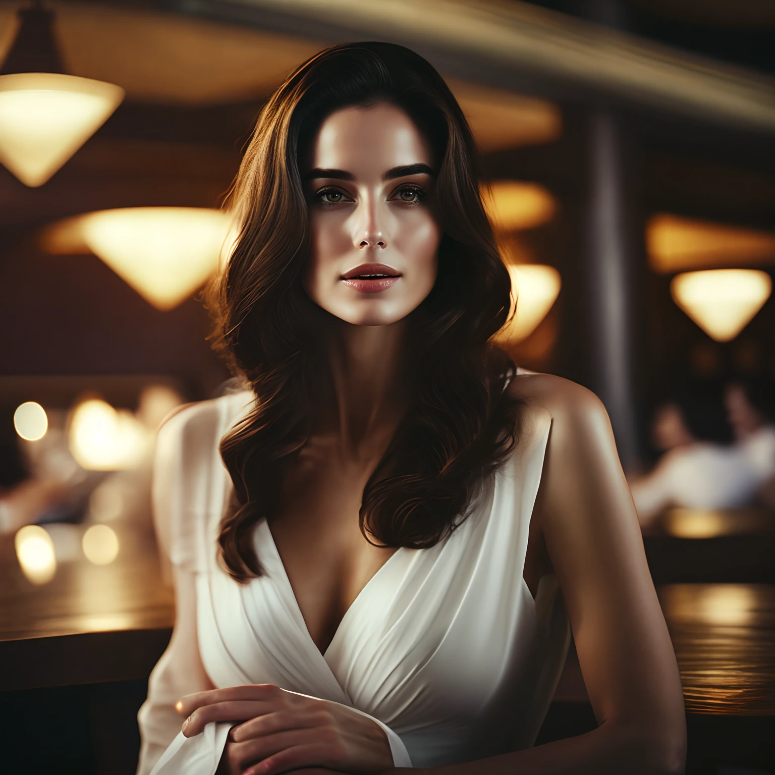 beautiful white brunette woman, sitting at a table in a restaurant, a character portrait by William Berra, featured on cg society, precisionism, photo taken with nikon d750, anamorphic lens flare, shallow depth of field, RAW, upper body, seductive look, huge breasts, 4k, open neckline, sexy