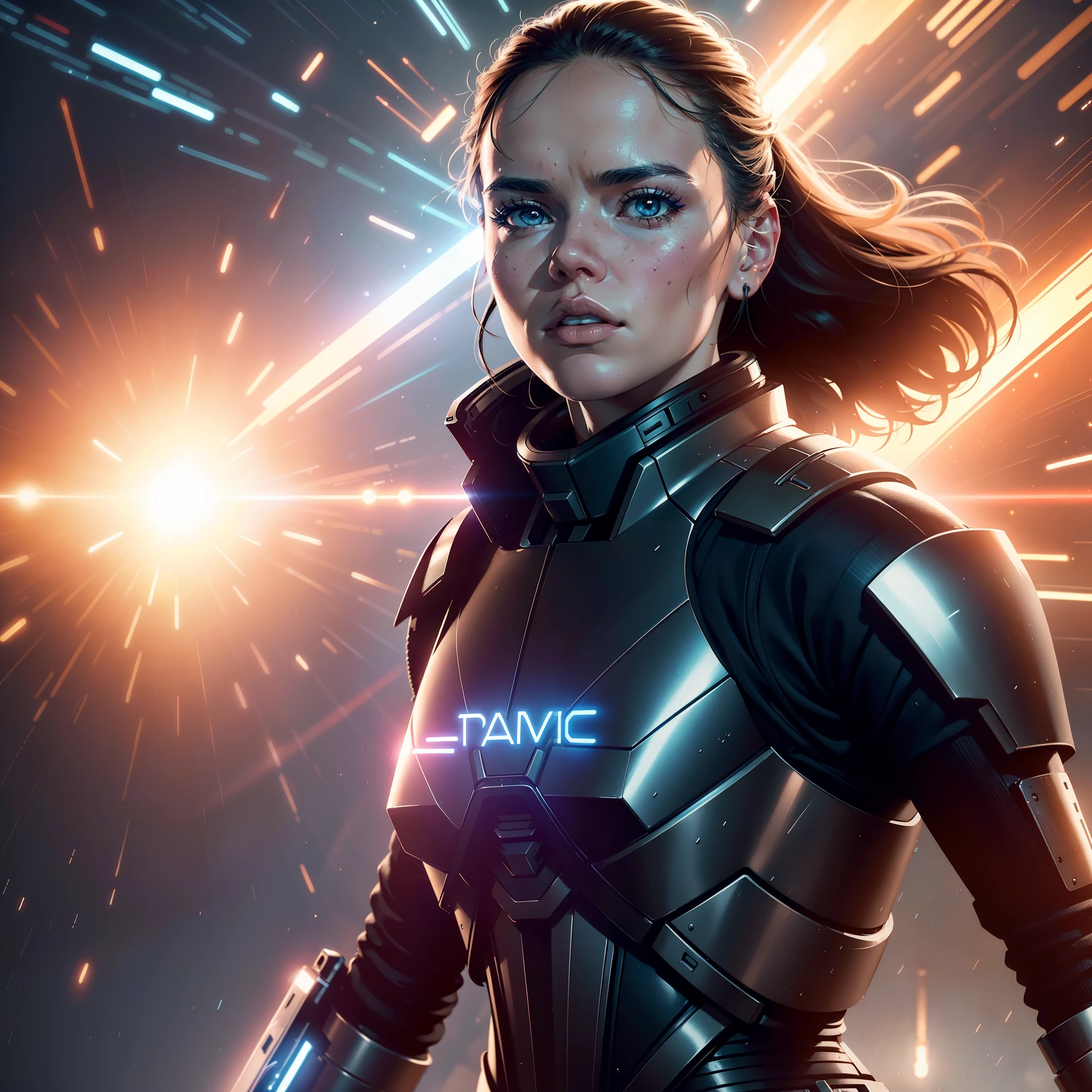 a close up action shot of epic Sci fi Hot Daisy Ridley, Detailed clothing details, Liquid effect, space, Interstellar battlefield photography, natural light, photorealism, cinematic rendering, ray tracing, the highest quality, the highest detail, Cinematic, Third-Person View, Blur Effect, Long Exposure, 8K, Ultra-HD, Natural Lighting, Moody Lighting, Cinematic Lighting