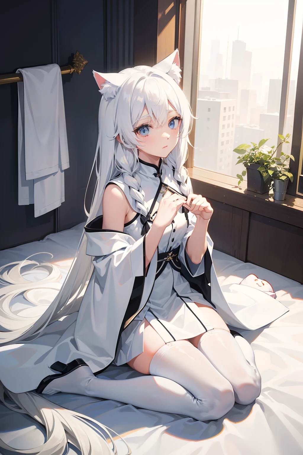 Need，tmasterpiece，Youth，White，cat ear，long white robe，quadratic element，apathy，long  white hair，SideBraid，Look up，astonishment，Sit on your knees，white stockings