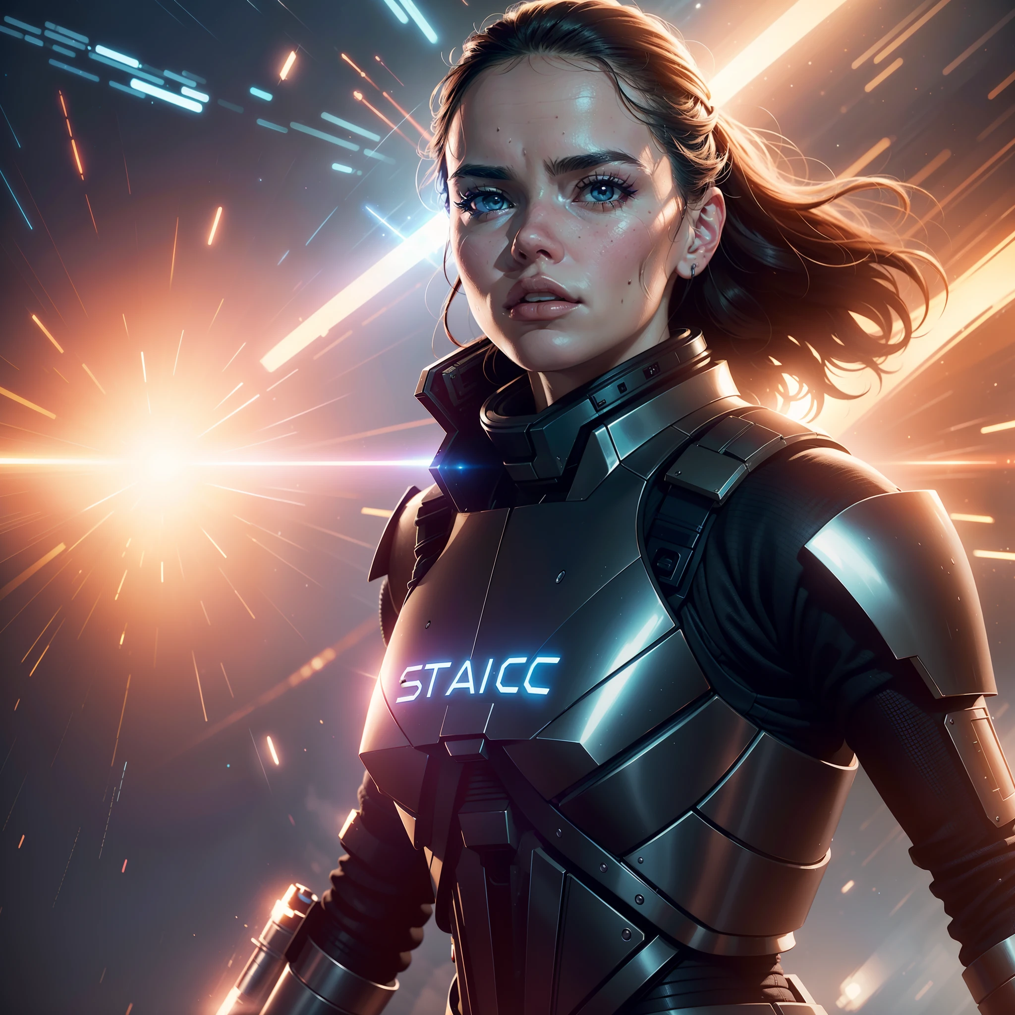 a close up action shot of epic Sci fi Hot Daisy Ridley, Detailed clothing details, Liquid effect, space, Interstellar battlefield photography, natural light, photorealism, cinematic rendering, ray tracing, the highest quality, the highest detail, Cinematic, Third-Person View, Blur Effect, Long Exposure, 8K, Ultra-HD, Natural Lighting, Moody Lighting, Cinematic Lighting