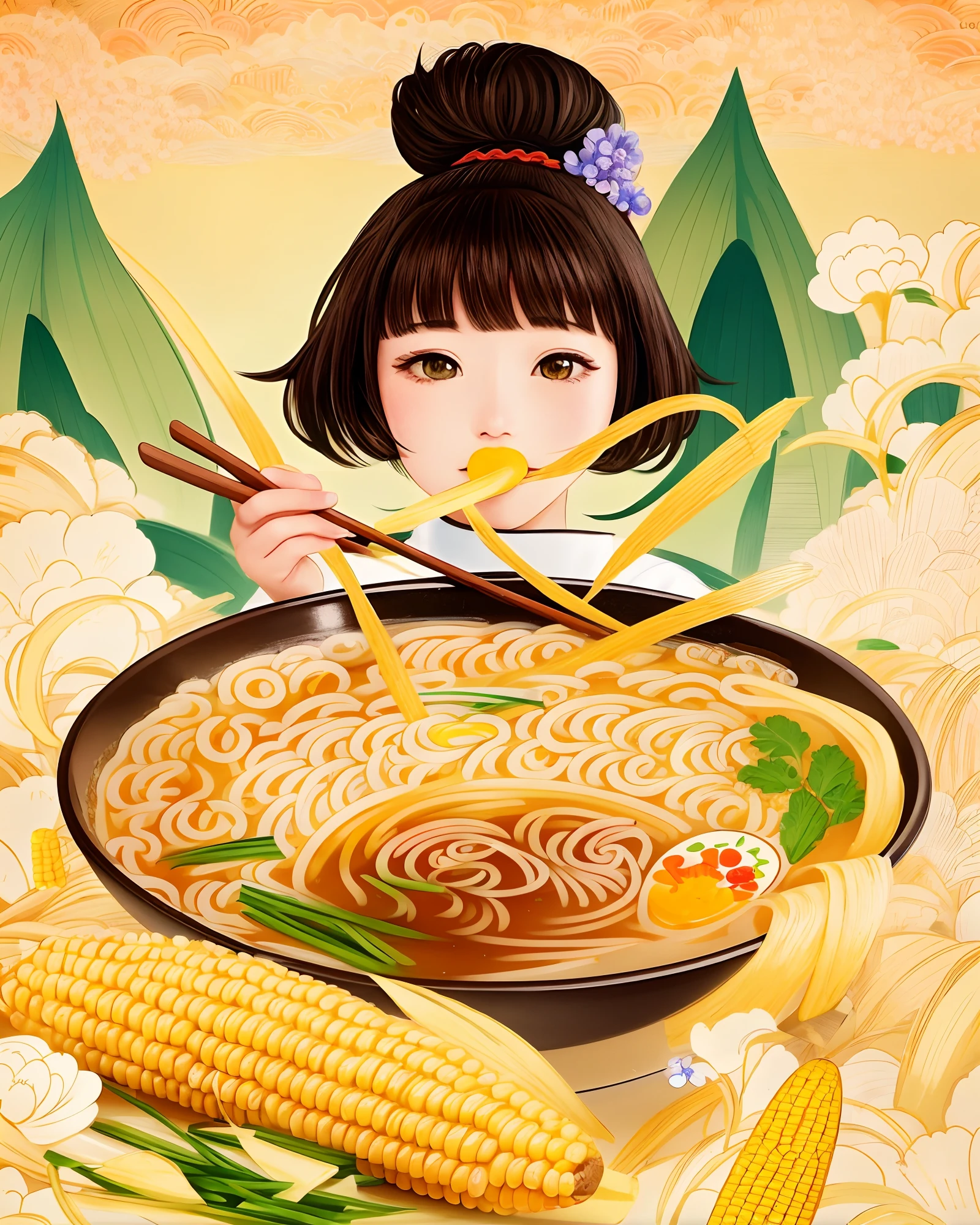 Cartoon girl eating corn and corn on the cob, Amazing food illustration, A beautiful artwork illustration, Eating noodles, hand painted cartoon art style, eating ramen noodles, Cartoon style illustration, illustration line art style, Higher detailed illustration, Highly detailed illustration.”, Noodles, realistic photo of delicious pho, Japanese cartoon style, Highly detailed illustration, Cute detailed digital art, Loli