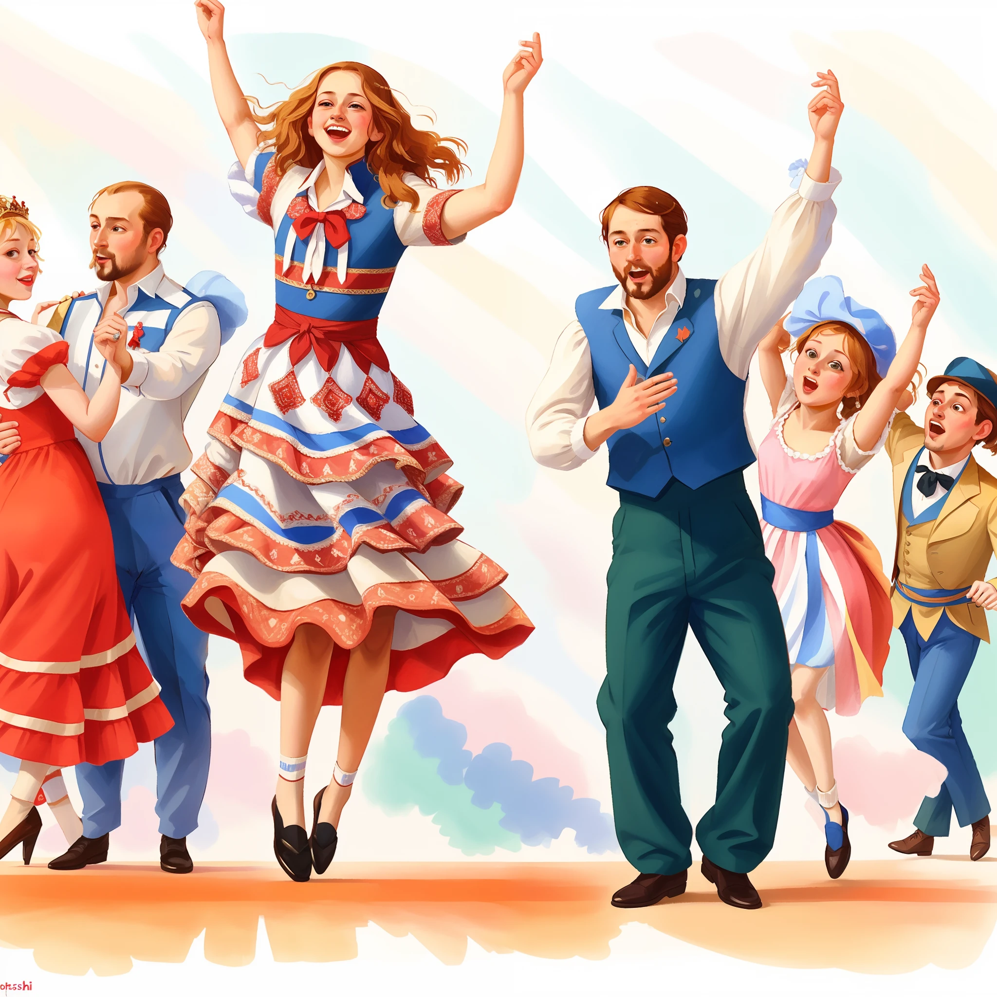 Picture of a group of people, dancing on stage with a man in costume, based on Boris Kustodiev, Nadia Rusheva, by Hristofor Zhefarovich, by Bencho Obreshkov, dancing people, by Igor Grabar, Mikhail Lebedev, by Marie Bashkirtseff, people dancing