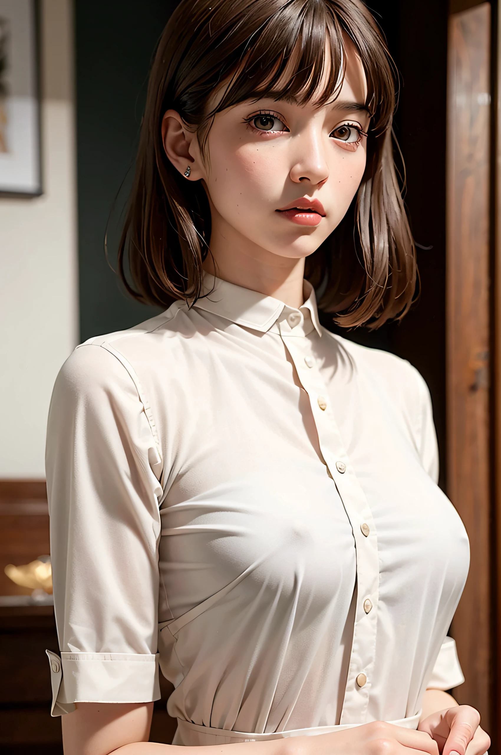 (Raw photo, Best Quality), (Realistic, Photorealsitic:1.3), masutepiece, extremely delicate and beautiful,Soft light, (Brown hair, Short hair, Bangs), Beautiful detailed girl, Detailed fingers, extremely detailed eye and face, beautiful detailed nose, Beautiful detailed eyes, 1 girl,  Japanese, Neat and clean beauty, Cute, 年轻, Silk Collar Shirt, Long flared skirt, pale skin, (Half body:1.3), (medium breasts), Realistic face, Realistic body, Park