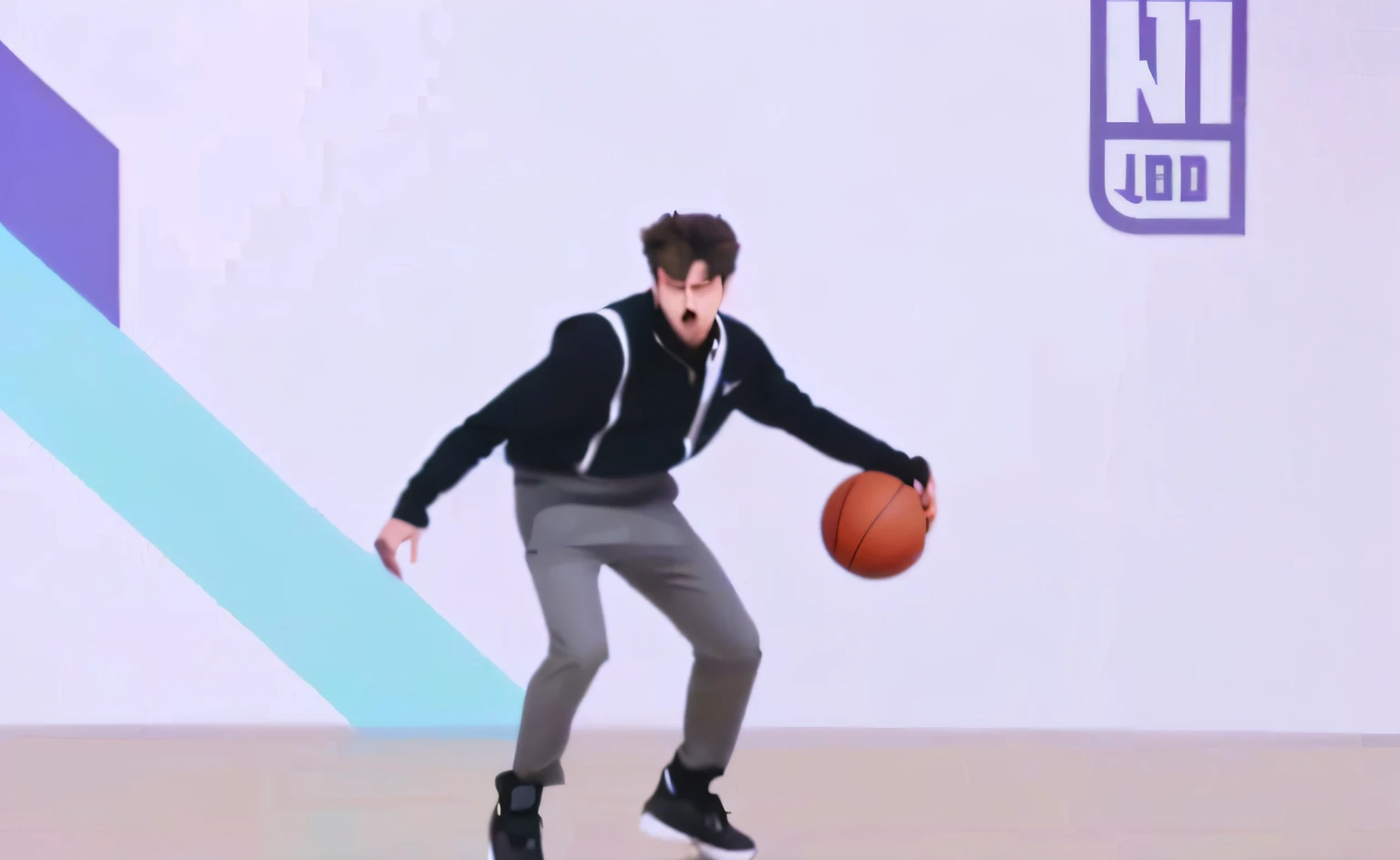 Arafeld men dribbling with basketball on the court, he is dancing, trending dribble, he is floundering, dribble popular, dribbble, drools, Since then，basketball ball, low quality video, air is being pushed around him, look like someone is dancing, trending on dribbble, Perfect dynamic pose