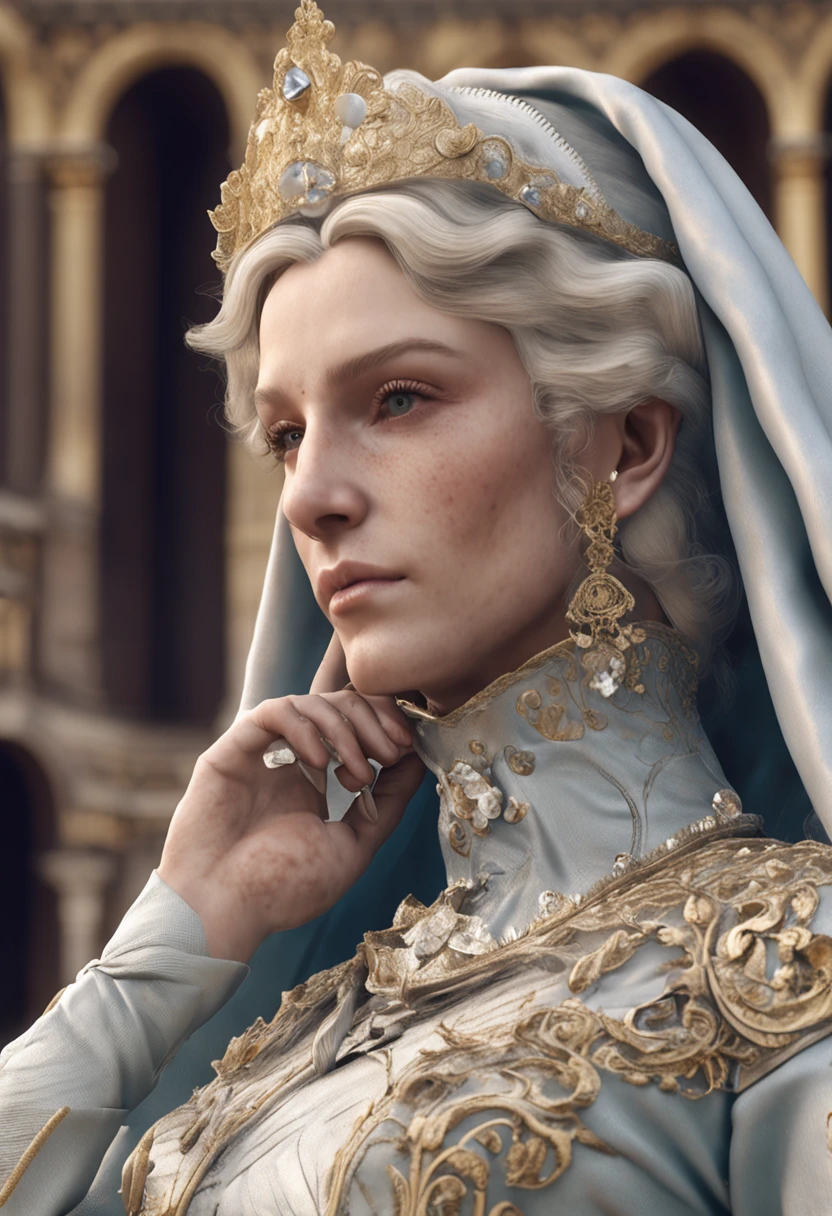 hyper HD，anatomy correct，Textured skin，The is very detailed，high detal，best qualtiy，Baroque style，Versailles，classicism，lightand shade contrast，Background bokeh，The sense of sacredness，whaite hair，Asymmetrical hairstyle，Blue eyes，Moles under eyes，ssmile，Light smile，bust，