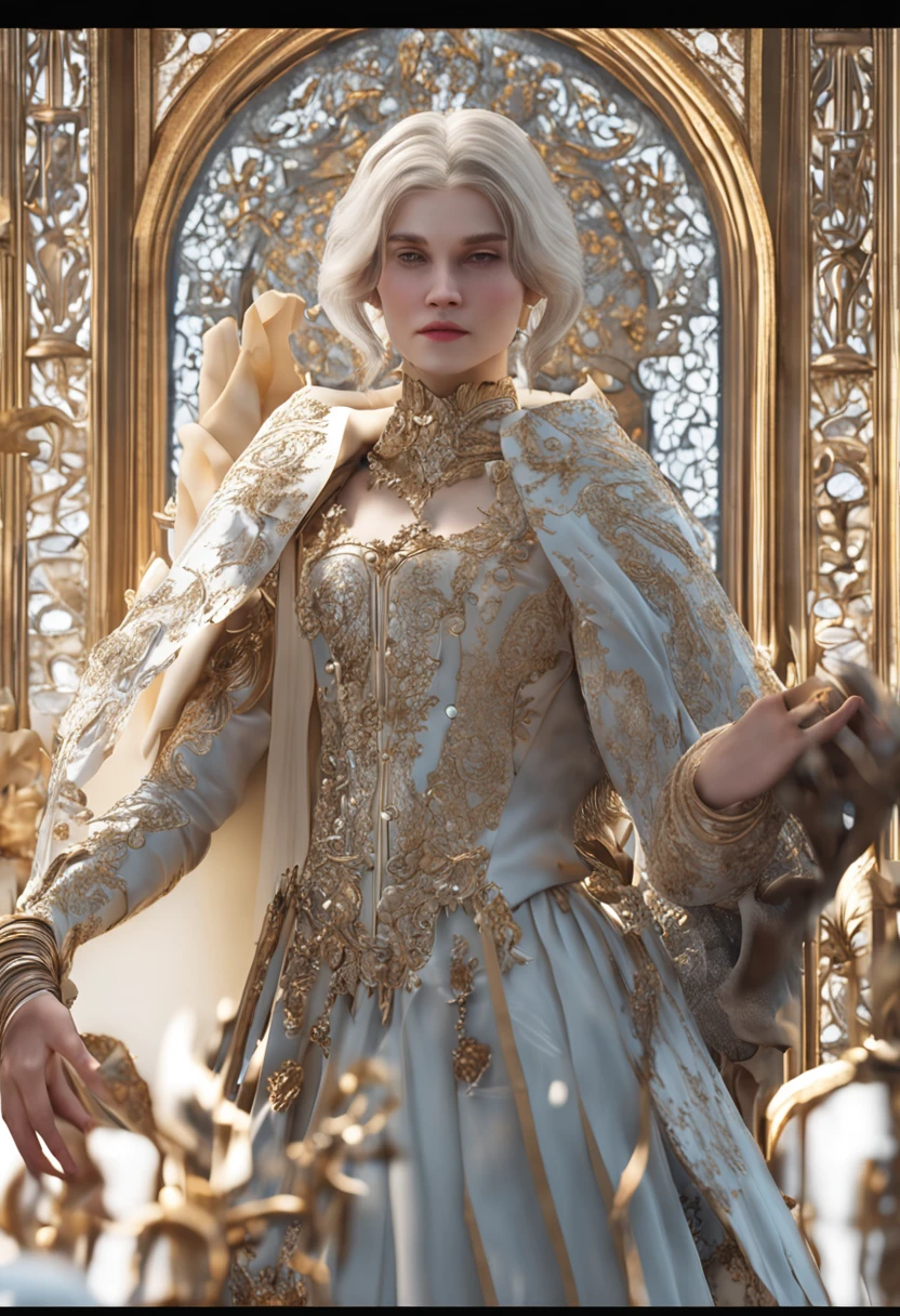 hyper HD,anatomy correct,Textured skin,The is very detailed,high detal,best qualtiy,Baroque style,Versailles,classicism,lightand shade contrast,Background bokeh,The sense of sacredness,whaite hair,Asymmetrical hairstyle,Blue eyes,Moles under eyes,ssmile,Light smile,bust,
