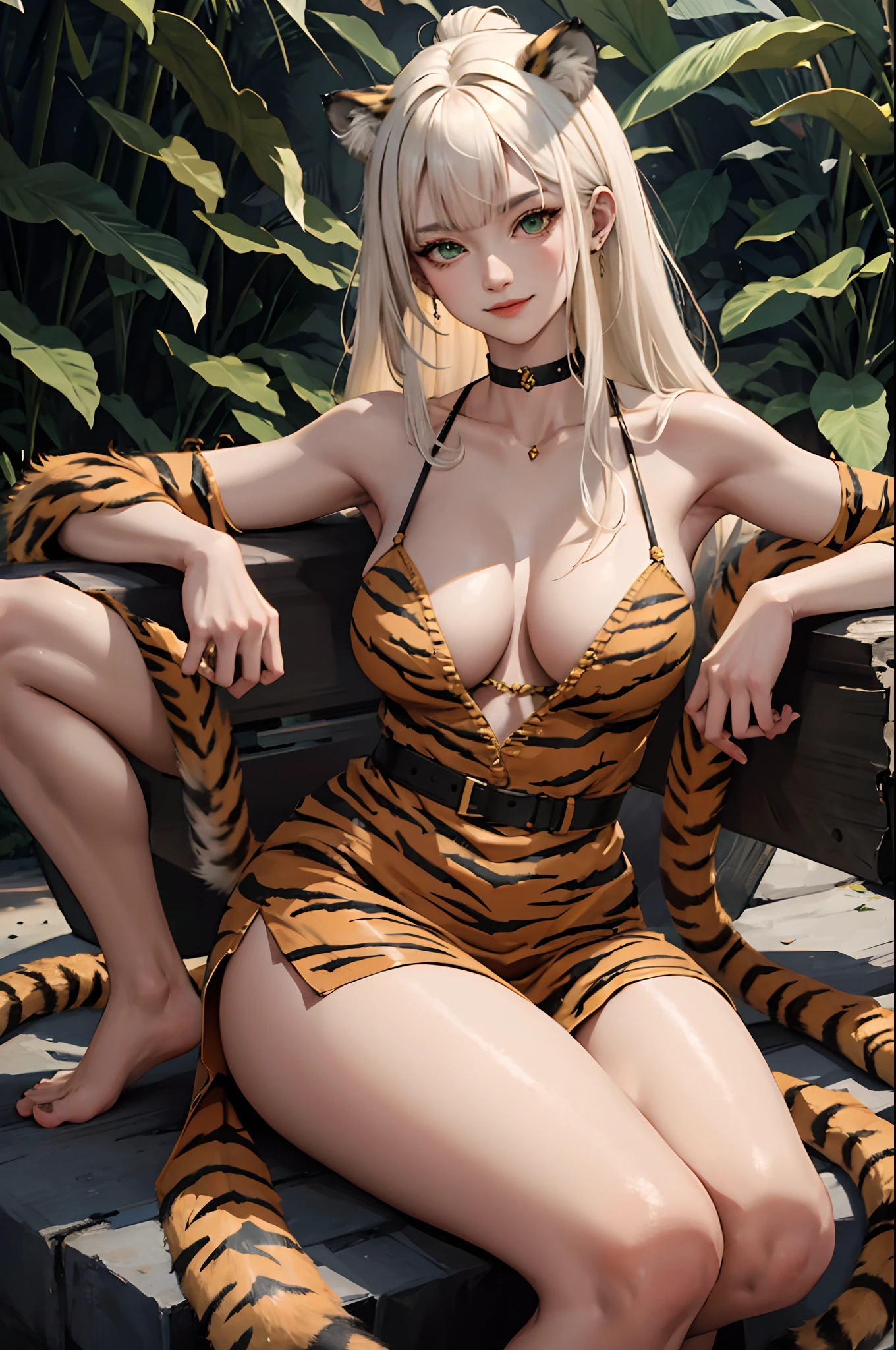 (masterpiece:1.2, best quality), (real picture, intricate details), 1lady, solo, tiger hybrid, demi-human, tiger girl, full body, sitting, long hair, minimal makeup, natural fabrics, close-up face, smile, long light platinum blonde hair, bangs, Korean bangs, bangs on forehead, green eyes, big breasts, bis tits, mature body, detailed face, tiger ears, tiger tail, bare chest, bare tits, piercing gaze, predator eyes, forest, forest settings, rainforest, tiger girl hybrid.