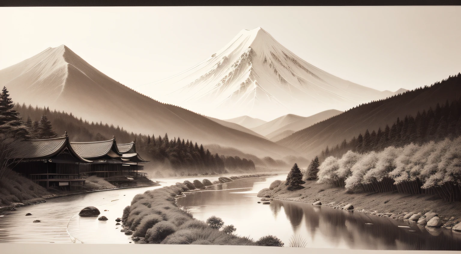 Pen drawing、Japan Mountain、a river、the woods、Small birds flutter precision black-and-white
