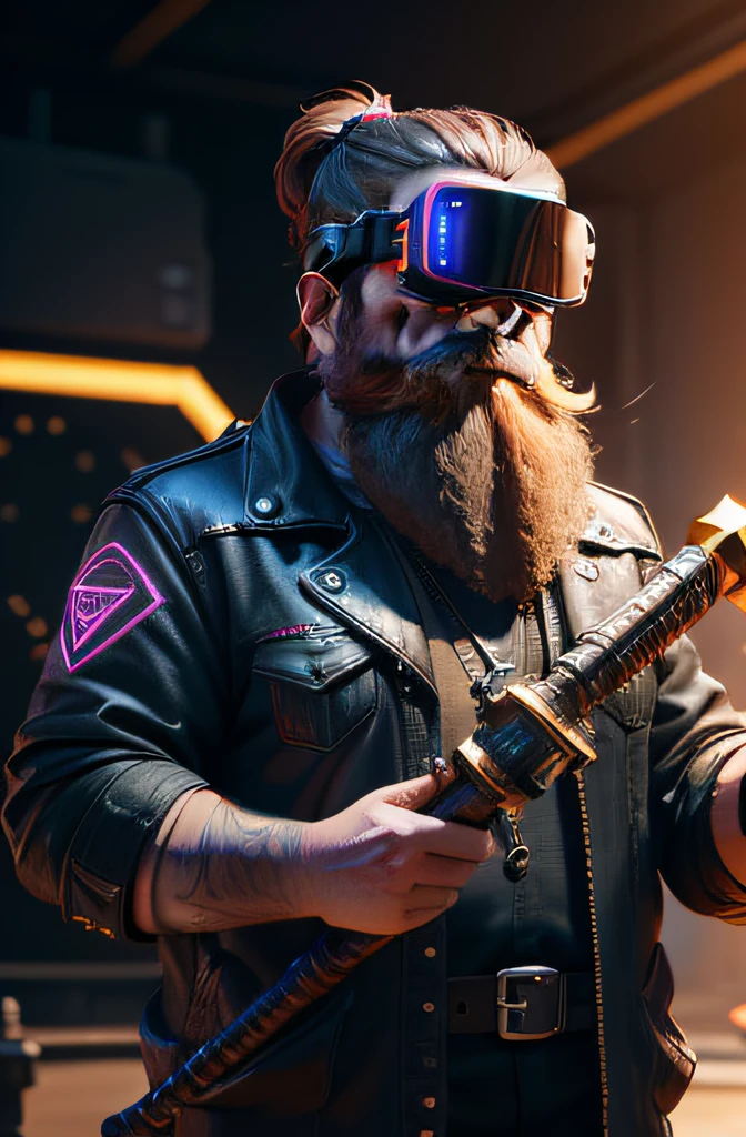 Hyperrealistic, illusory engine, 。.3D, Cyberpunk meta-dwarf wearing high-tech VR goggles, Cybernetic beard. Holding a sci-fi gold mine pickaxe, In the holographic hyperspace metaverse 50mm ,Ray tracing,
